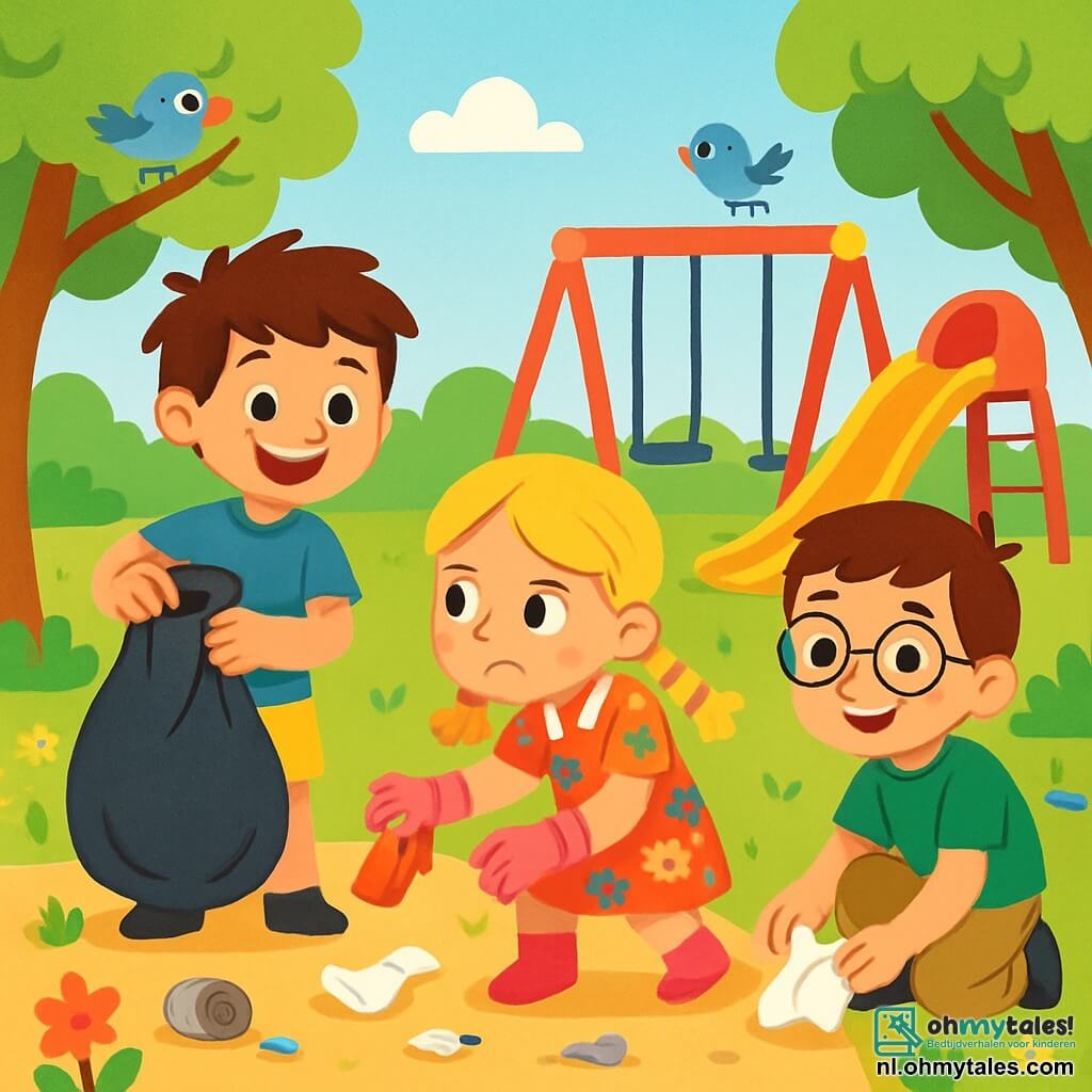 Er zijn 3 personages: - Tom: een 8-jarig jongen met rommelig bruin haar, gekleed in een blauwe t-shirt en een gele short. Hij houdt een grote zwarte vuilniszak vast en glimlacht enthousiast. - Jip: een 7-jarig meisje met gevlochten blond haar, gekleed in een kleurrijke bloemenjurk. Ze verzamelt afval met roze handschoenen en kijkt vastberaden om zich heen. - Sam: een 9-jarig jongen met een bril en kastanjebruin haar, gekleed in een groene t-shirt en beige broek. Hij zit op de grond en raapt een stuk plastic op, met een trotse glimlach op zijn gezicht. De drie vrienden bevinden zich op een zonnige speeltuin, omringd door groene bomen en kleurrijke bloemen. De grond is bezaaid met afval, maar de kinderen werken samen om de plek schoon te maken. In de achtergrond staan schommels en een glijbaan, en vogels zingen in de bomen. De belangrijkste situatie toont de kinderen die afval oprapen en de natuur mooier maken. Ze zijn blij en gemotiveerd, wat het belang van zorg voor het milieu laat zien.