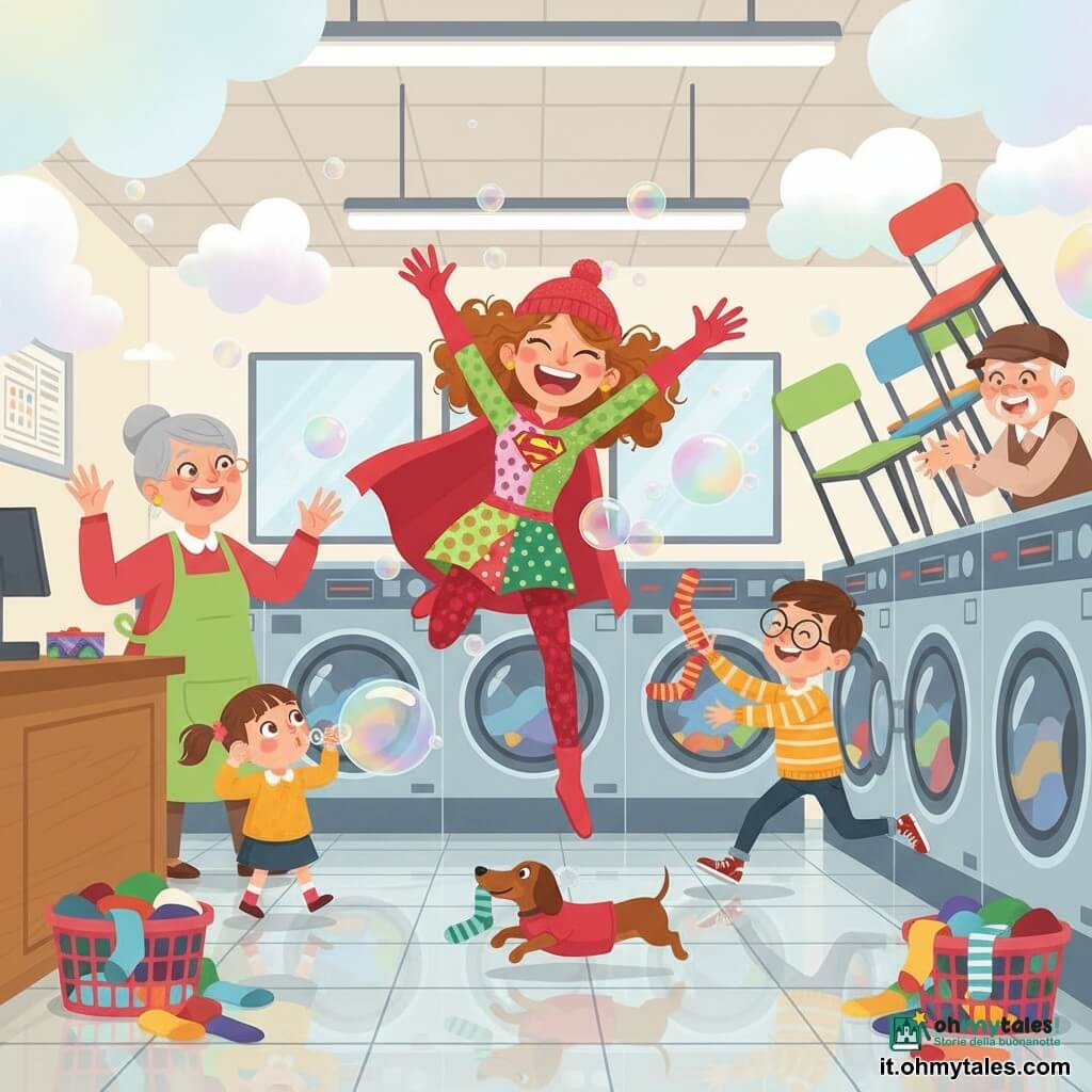 La protagonista è Laura, una donna che ride di gioia con gli occhi vivaci e guance rosate, capelli ricci nocciola, vestita da supereroina in patchwork a pois, righe e verde fluo, con un piccolo berretto di lana come casco, sollevata da bolle di sapone; un ragazzo Giovanni (circa 12 anni) dalle guance rosse e occhiali tondi corre a destra lanciando calzini colorati; la signora Lidia (circa 55 anni) con un grande grembiule verde sorride dando ordini allegri dietro il bancone a sinistra; la bimba Rosy (circa 6 anni) con capelli castani a coppie soffia una grossa bolla davanti alla macchina aperta, stupita; il nonno Ernesto (circa 70 anni) con cappello impila sedie per una diga di fortuna sullo sfondo; il bassotto Fulmine dal mantello rosso salta al centro tenendo un calzino in bocca; la scena si svolge in una lavanderia luminosa e colorata con file di macchine argentate a oblò, ceste straripanti di calzini multicolore, pavimento a piastrelle bagnato e bolle arcobaleno nell’aria; situazione comica e dinamica: bolle giganti sollevano Laura, calzini vorticano ovunque e tutti ridono e si attivano per raccogliere i vestiti in un caos gioioso.