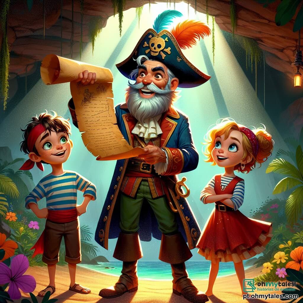 O personagem principal, o Capitão Pedro, é um homem idoso com uma longa barba grisalha e olhos brilhantes de malícia. Ele usa um chapéu de pirata decorado com penas coloridas e uma camisa listrada, sorrindo entusiasticamente enquanto segura um velho pergaminho. Ao seu lado, Lila, uma menina de 10 anos com cabelos cacheados e dourados, veste um vestido de pirata de tecido escarlate e observa o pergaminho com curiosidade, os olhos brilhando de excitação. Tomás, um garoto de 12 anos com cabelos castanhos desgrenhados e um bandana vermelho, fica um pouco atrás, com os braços cruzados, exibindo uma expressão determinada enquanto observa a caverna misteriosa à sua frente. A cena se passa em uma ilha tropical, com palmeiras verdes e flores coloridas ao redor de uma caverna escura, cuja entrada é adornada por rochas cobertas de musgo. A luz do sol filtra através das folhas, criando sombras dançantes no chão arenoso. O momento principal mostra o Capitão Pedro, Lila e Tomás diante da entrada da caverna, prontos para entrar e descobrir o tesouro escondido, com uma atmosfera de aventura e excitação palpável no ar.