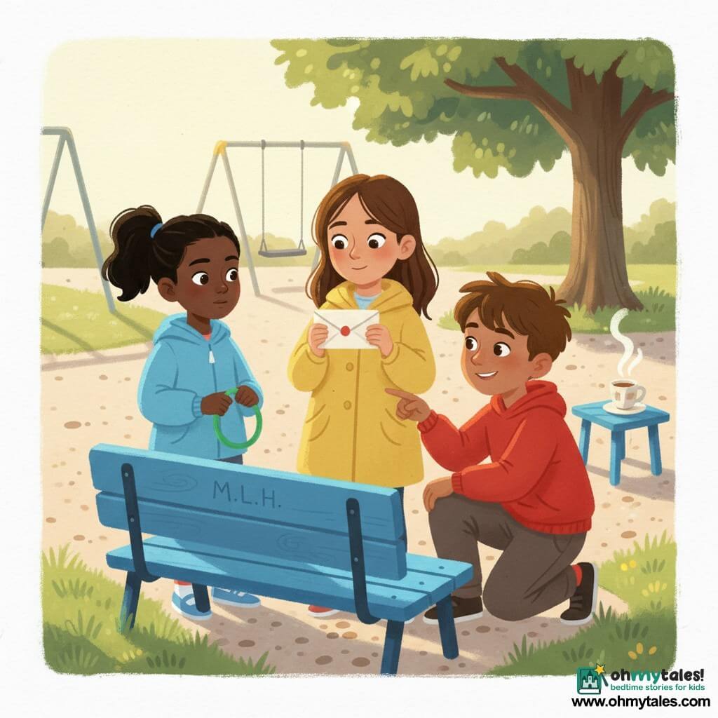 Three children: Maya, 9, mid-brown hair, lemon-yellow coat, holding a small white envelope at the center, slightly leaning left; Leo, 9, short tousled hair, bright red hoodie, mischievous smile, crouched to Maya’s right pointing at the envelope; Hana, 8, black ponytail, sky-blue jacket, focused expression, standing to Maya’s left holding a small green plastic hoop; setting: sunny schoolyard corner with a bright blue wooden bench carved with initials, light gravel and patchy grass, swings and dappled tree shade in the background, a small supervisor’s table with a steaming cup of tea; scene: they have just found the envelope near the bench and calmly decide to give it to an adult, warm morning light, pastel gouache tones, visible paper and wood textures, expressions of curiosity and responsibility.