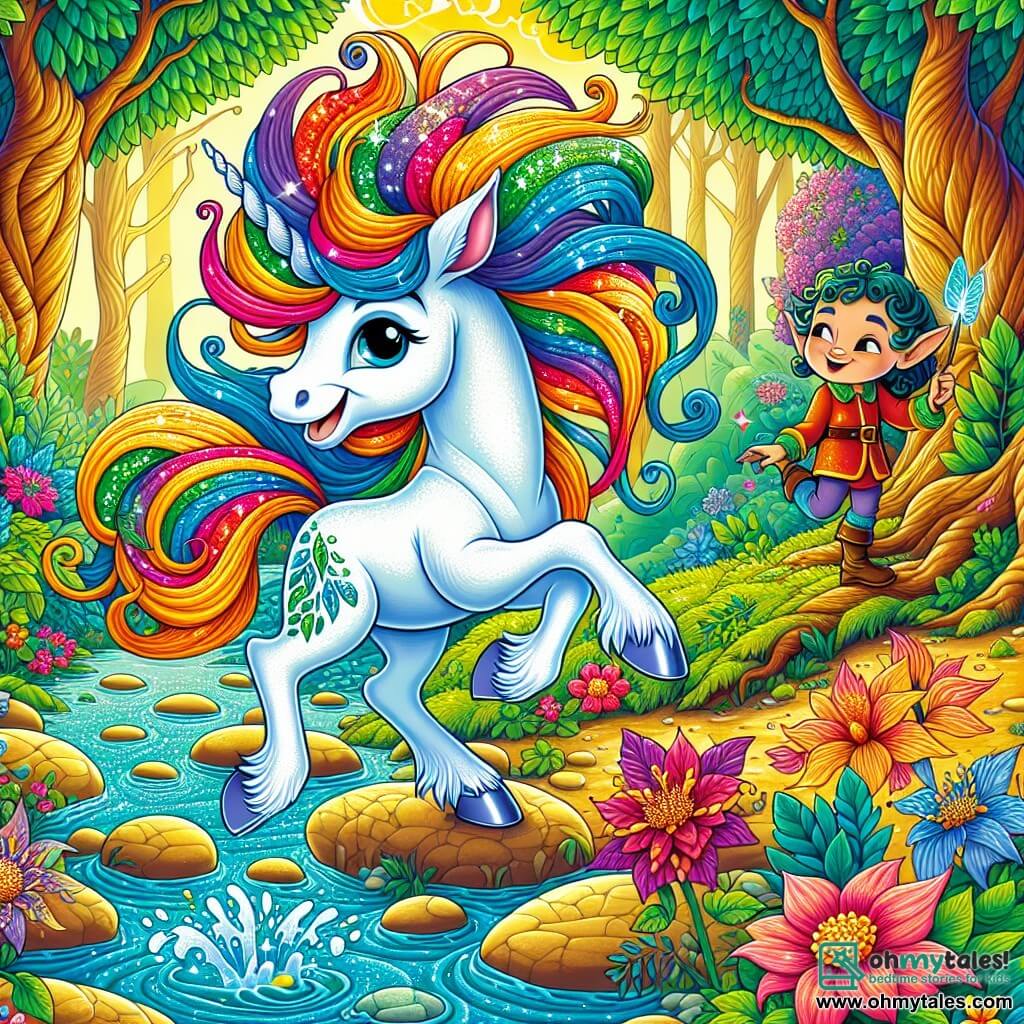 A beautiful unicorn named Sparklehoof, with a shimmering rainbow-colored mane, expresses radiant joy. Her big, sparkling eyes shine in the sunlight as she gracefully dances on smooth stones by a singing stream. Next to her is a small elf named Elinor, around 8 years old, with curly hair and pointed ears, smiling in wonder. She holds a magic brush, ready to paint images that come to life. The setting is an enchanted forest, where twisted trees with shimmering leaves whisper secrets. Colorful flowers with laughter-shaped petals surround the stream, creating a joyful and magical atmosphere. The scene shows Sparklehoof and Elinor, surrounded by laughter and melodies, discovering a treasure of enchanted brushes by the stream, ready to create living artworks.