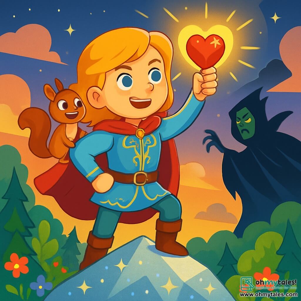 A brave prince, around 10 years old, with long, shiny golden hair and sparkling blue eyes, stands atop a shimmering mountain. He wears a sky-blue royal tunic adorned with golden patterns, and his face shows bright determination. Beside him, a small squirrel named Tilly, with brown fur and mischievous eyes, perches on his shoulder, excitedly looking at the landscape below. The setting is a sparkling mountain peak surrounded by soft, luminous clouds, with twinkling stars beginning to appear in the twilight sky. Below, the Whispering Forest stretches out, its majestic trees with vibrant green leaves and colorful flowers, while a gentle breeze makes the branches dance. The main scene shows the prince raising a radiant heart of stone, illuminating the scene with a golden light, ready to confront the evil witch Morgath lurking in the shadows, with a flowing black cloak and a menacing gaze.