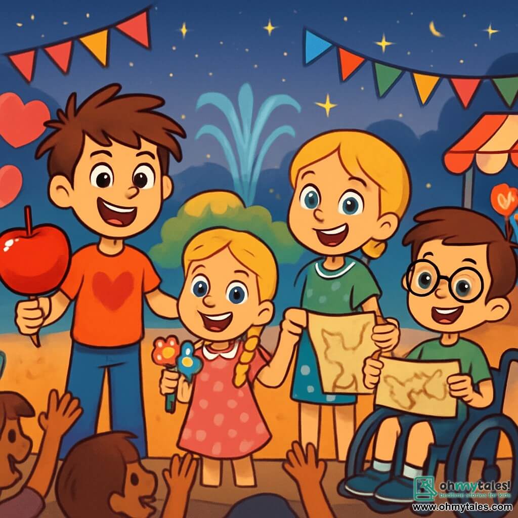 There are 3 characters: Sam, a 10-year-old boy with messy brown hair and mischievous sparkling eyes, wearing a red t-shirt with a heart and holding a large candy apple; Lily, a 10-year-old girl with braided blonde hair and bright blue eyes, dressed in a pink polka dot dress, joyfully smiling while holding a small bouquet of colorful flowers; and Max, a 10-year-old boy with brown hair and round glasses, in a wheelchair, wearing a green t-shirt and blue shorts, holding a map with clues for a treasure hunt. The setting is a lively Valentine's Day festival square, decorated with heart-shaped balloons, colorful garlands, and candy stands. In the center, a sparkling fountain sprays water into the air, while children laugh and dance around the candy and game stalls. The main scene shows Sam, Lily, and Max on stage, sharing their treasure hunt adventure story with the audience, surrounded by enthusiastic spectators applauding and laughing, as twinkling stars begin to appear in the twilight sky.