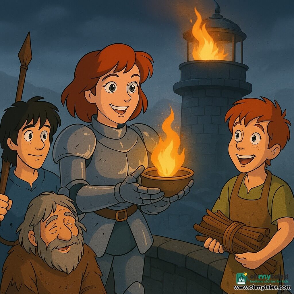 The female knight stands center, determined and smiling, bright eyes, polished armor with a few scratches, one hand holding a small leather flint and the other sheltering a nascent flame in a metal bowl. Sedge, a grinning ~13-year-old redheaded boy with freckles and a dirty apron, stands right holding a bundle of wood, excitedly watching the flame. Finn, about 12, with dark tangled hair and a shy but proud expression, stands left holding a broom handle like a flag and leans on an elderly man for support. Master Rowan, ~60, sits just behind the knight with a scruffy gray beard, worn torn clothes, a relieved look, hand on Finn’s knee. They are atop a gray stone lighthouse: a wide blackened metal basin holds a vivid orange flame, spiral stairs, sea wind and spray, thick fog and rocky cliffs below. Main scene: the knight rekindles the lighthouse beacon on a foggy evening, the small flame swells into a golden halo cutting the mist; the group surrounds it with expressions of hope and relief, a warm atmosphere despite the storm.