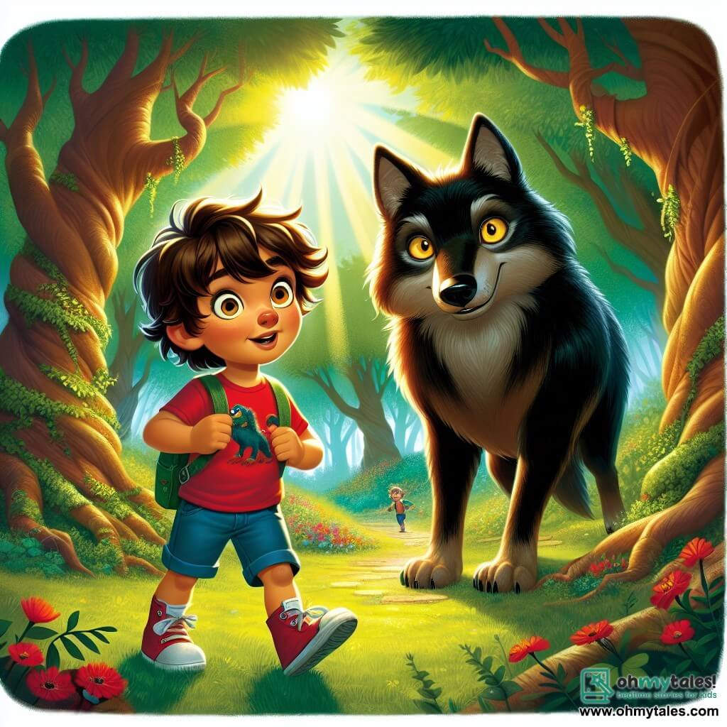 A 5-year-old boy with tousled brown hair and bright, curious eyes stands bravely at the center of the image. He wears a red t-shirt with a dinosaur print and blue shorts, holding a small backpack at his feet. His face shows both excitement and a hint of apprehension. Next to him, a large wolf with dark, shiny fur and piercing yellow eyes stands back, wearing a friendly yet mysterious smile. The wolf appears curious, leaning slightly forward as if listening intently to the boy. In the background, an enchanted forest stretches as far as the eye can see, with giant trees, gnarled trunks, and vibrant green leaves. Sunlight filters through the foliage, illuminating colorful flowers scattered across the ground. The scene captures the moment the boy faces the wolf, ready to answer a riddle, surrounded by the magic and mystery of the forest. The atmosphere is both intriguing and welcoming, embodying the spirit of adventure and discovery.