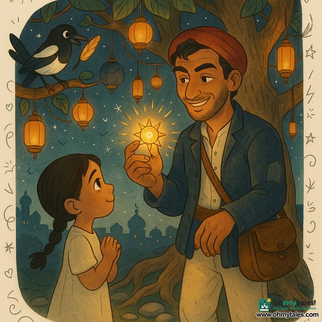Amir, a gentle-faced man with mischievous eyes, smiles determinedly as he wears a patched midnight-blue velvet jacket, cream trousers and an oil-stained leather satchel while gently retrieving a small sun-shaped talisman glowing gold from the beak of a black-and-white magpie perched on a low fig tree branch; nearby Lila, about seven with braided black hair and a jasmine-colored dress, watches with admiration and relief as hundreds of warm orange and amber lamps hang among the fig's thick roots and polished stones under a starry sky with distant eastern roofs, the composition centered on Amir's hand and the tender, brave moment.
