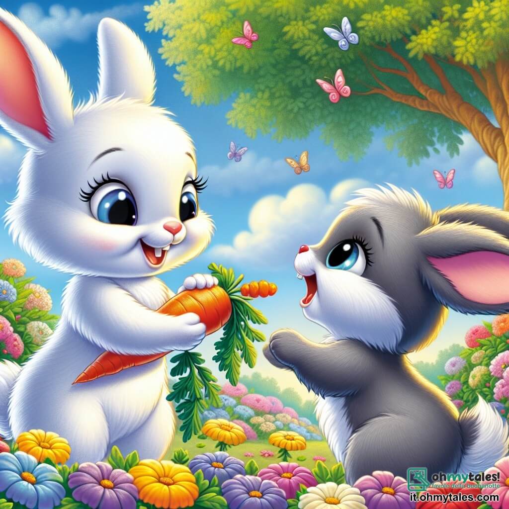 Un adorabile coniglietto bianco, con un pelo morbido e occhi scintillanti di curiosità, si trova al centro dell'immagine, sorridendo con entusiasmo. Sta porgendo una carota colorata a un altro personaggio, mostrando la sua gioia e amicizia. Accanto a lui, un altro coniglio, questa volta di colore grigio con lunghe orecchie e un grande sorriso, guarda il coniglio bianco con ammirazione, i suoi occhi brillanti di felicità. Sta saltando di gioia, piena di energia ed eccitazione. Il contesto è un bel giardino soleggiato, pieno di fiori vivaci di tutti i colori, con un grande albero di quercia sullo sfondo. Il cielo è blu e sereno, e si possono vedere farfalle volare intorno ai fiori. La scena principale mostra i due conigli che condividono un momento di gioia e amicizia, illustrando la tolleranza e l'accettazione delle differenze mentre scoprono insieme nuovi sapori e tradizioni in un ambiente incantevole.