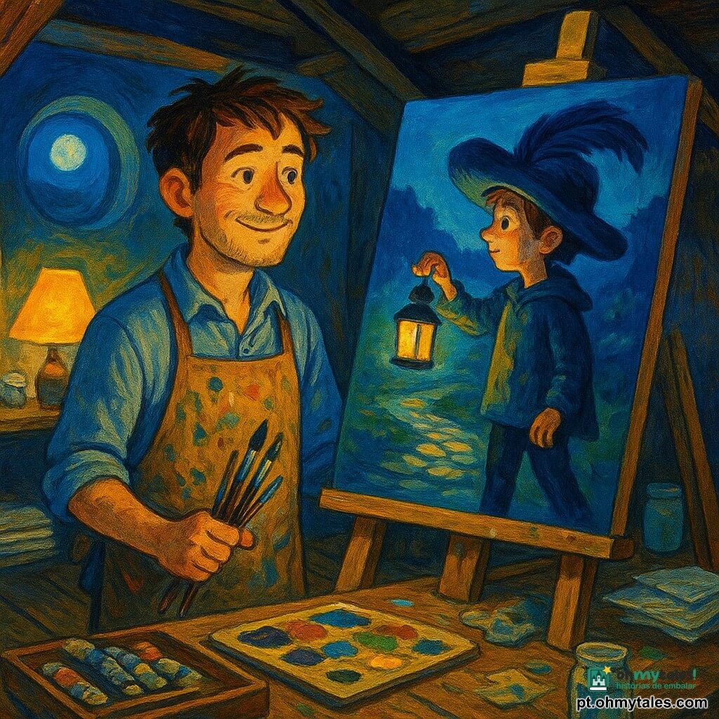 Tomás sorri suavemente, aliviado e calmo, olhos brilhantes; veste avental manchado de tinta, camisa com mangas arregaçadas e cabelo despenteado, guardando pincéis junto a um grande cavalete de madeira onde há uma pintura de um menino de ~10 anos com grande chapéu de pena e pequena lanterna, olhando curioso e corajoso para um caminho de pedras iluminado. O sótão oficina tem vigas expostas, janela redonda com luar azul, pilhas de papéis, frascos de água tingida, caixa de tubos de tinta aberta com gotas grossas e paleta colorida; uma lâmpada amarela aquece a bancada criando contrastes entre sombras suaves e reflexos brilhantes; respingos de tinta seca e panos amassados no chão de tábuas dão textura artesanal. Atmosfera íntima e criativa, tranquila à noite e acolhedora para crianças; estilo com pinceladas visíveis, textura espessa de acrílico e paleta de azuis noturnos, amarelos quentes e verdes suaves.