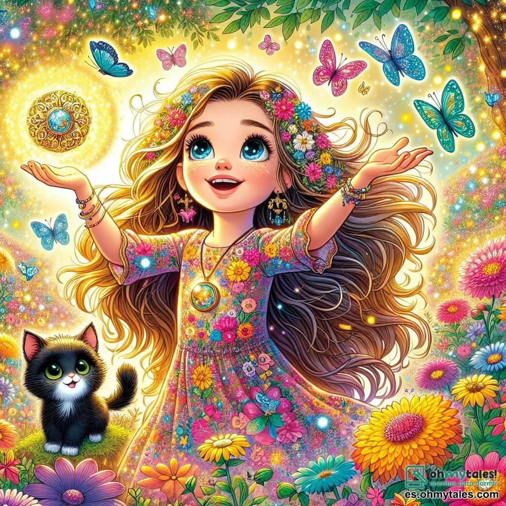 Anara, una niña de 10 años con cabello largo y ondulado, lleva un vestido colorido decorado con motivos florales. Su rostro irradia determinación y alegría mientras levanta los brazos, un amuleto brillante en sus manos, iluminando su cara con una suave luz dorada. A su lado está Nube, un pequeño gato negro con ojos brillantes, que mira a Anara con admiración, listo para acompañarla en sus aventuras. El escenario es un jardín mágico, lleno de flores vibrantes, criaturas fantásticas y árboles majestuosos con hojas brillantes. Mariposas multicolores vuelan a su alrededor, añadiendo un toque de fantasía al entorno. La escena representa a Anara usando su poder para hacer florecer el jardín, una luz dorada emana de sus manos, mientras las flores bailan alegremente a su alrededor, simbolizando la magia y el amor que la rodean.