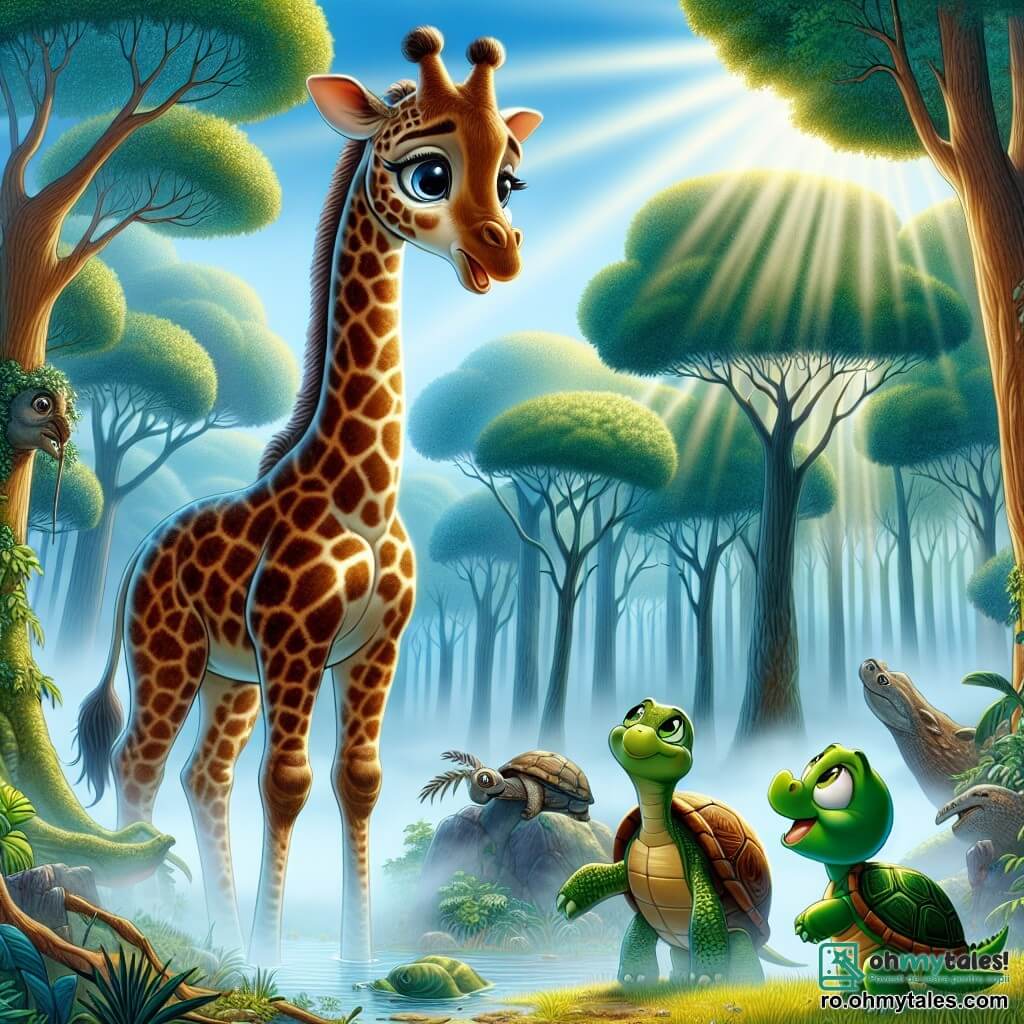 O girafă majestuoasă numită Gala, cu un gât lung și pete maronii și crem, stă în centrul scenei, având o expresie de curiozitate și uimire. Ochii ei mari și strălucitori scrutează o pădure misterioasă învăluită într-o ceață ușoară. Lângă ea, o broască țestoasă mică numită Timo, cu un carapace verde și ochi vii, o privește pe Gala cu o expresie de îngrijorare, în timp ce un crocodil prietenos numit Kiki, cu solzi verzi și un zâmbet cald, iese dintr-un lac apropiat, pregătit să li se alăture. În fundal, o pădure densă, plină de copaci înalți cu frunziș luxuriant, se înalță sub un cer albastru strălucitor, în timp ce o ceață ușoară plutește între trunchiuri. Scena ilustrează momentul în care Gala și prietenii ei descoperă ceața misterioasă care învăluie pădurea, simbolizând începutul aventurii lor pentru restabilirea echilibrului naturii.