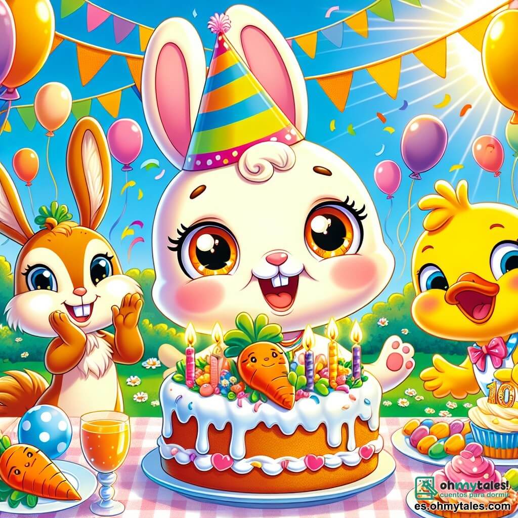Un pequeño conejo llamado Benny, con un pelaje suave y sedoso de color crema, se encuentra en el centro de la imagen, con los ojos brillantes de alegría y una gran sonrisa en su rostro. Lleva un pequeño sombrero de fiesta colorido y sostiene un enorme trozo de pastel en forma de zanahoria, decorado con crema y confeti. A su derecha, Clara, una pequeña ardilla de pelo rojizo y ojos chispeantes, salta de alegría, con los brazos levantados, llena de emoción por la fiesta. A su izquierda, Pedro, un pato amarillo brillante con un pico naranja, aplaude con entusiasmo, con una gran sonrisa en su rostro. El decorado es un parque soleado, lleno de globos de colores flotando en el aire, guirnaldas de flores y una gran mesa decorada con pasteles y golosinas. La escena muestra a Benny rodeado de sus amigos, celebrando su cumpleaños con risas y juegos, todos unidos en un momento de felicidad y amistad.