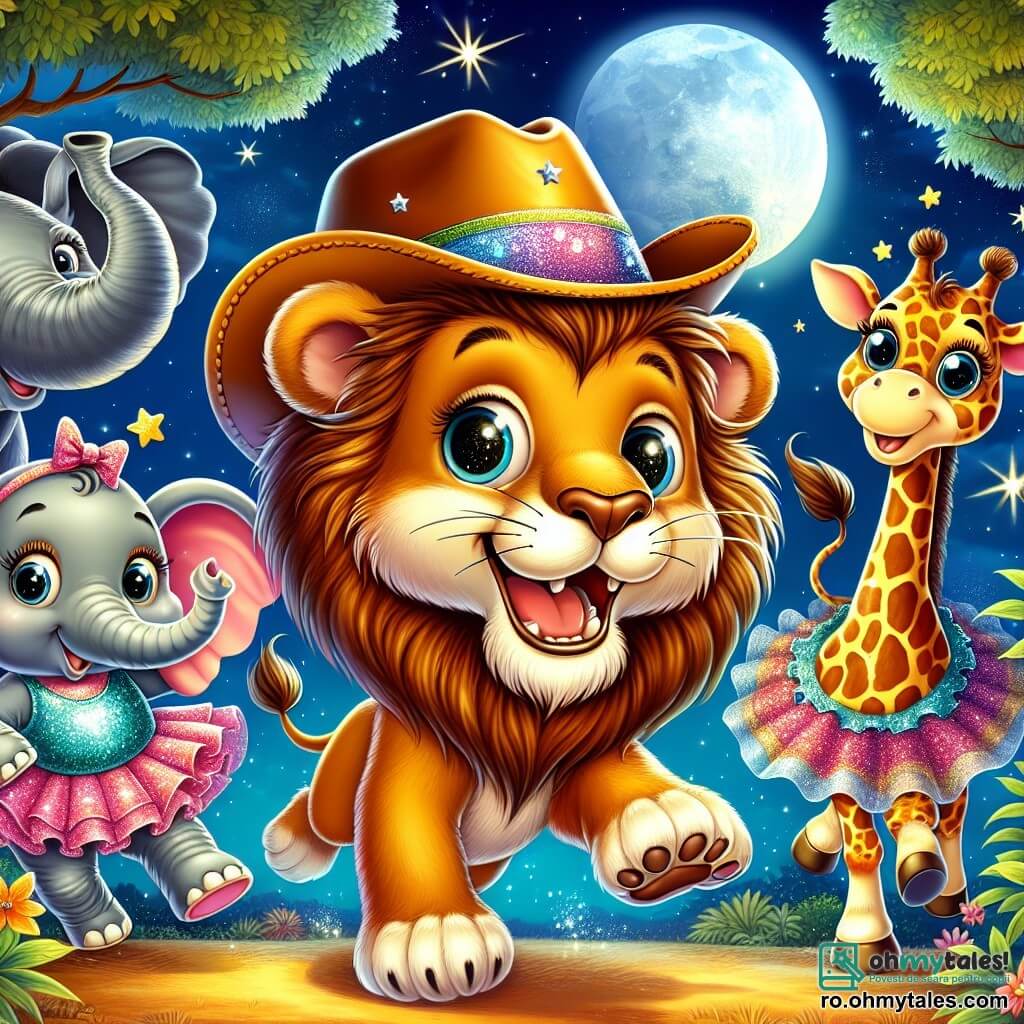 Un leu curios pe nume Leo, cu o coamă aurie strălucitoare și ochi plini de entuziasm, stă în centrul imaginii, purtând o pălărie amuzantă de cowboy. Zâmbește larg, cu labele din față ridicate ca și cum ar fi gata să pornească într-o cursă. La dreapta lui, Ella, o elefantă grațioasă, poartă un tutu roz strălucitor și se pregătește să alerge, cu urechile ei mari bătând vesel. La stânga, Gina, o girafă cu gât lung, poartă o eșarfă colorată și îl privește pe Leo cu un zâmbet complice. Mai departe, Mak, o maimuță jucăușă, stă pe o ramură cu ochelari colorați, râzând și încurajându-și prietenii să se aventureze. Scena are loc într-un zoo magic, sub un cer înstelat, cu luna strălucind ca un felinar argintiu. Leo și prietenii săi se pregătesc pentru o cursă distractivă în jurul zoo-ului, fiecare purtând un accesoriu amuzant, râzând și încurajându-se reciproc, creând o atmosferă de bucurie și prietenie.