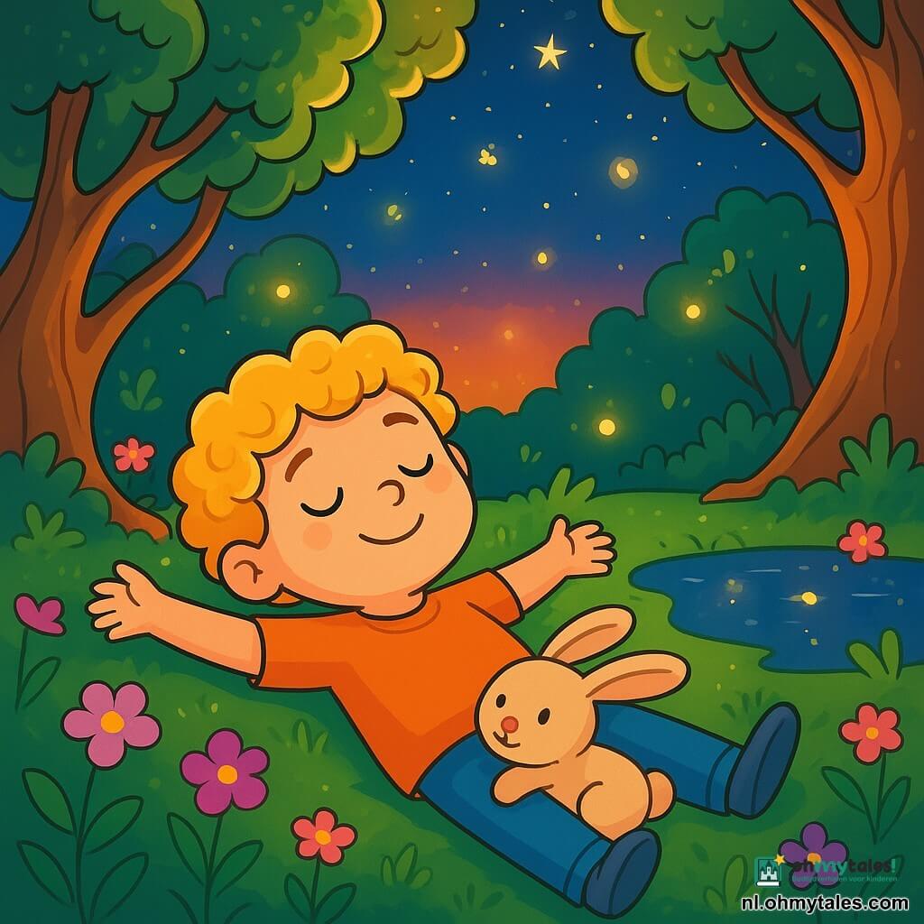 Een vierjarig jongetje genaamd Felix, met gouden krullend haar en ogen die stralen als sterren, ligt op een groene schuimmatras in een betoverd bos. Hij heeft een serene en dromerige glimlach op zijn gezicht, met zijn armen wijd open alsof hij de lucht verwelkomt. Naast hem ligt zijn trouwe metgezel, een klein pluchen konijntje genaamd Pluis, tegen zijn buik aan, met zachte oren en een liefdevolle blik. De scène speelt zich af in een magisch bos, waar grote bomen met knoestige stammen naar de lucht reiken, hun bladeren glinsteren in de stralen van de ondergang. Kleurrijke bloemen in roze en paars bedekken de grond, en een kleine vijver met kristalhelder water weerspiegelt de sterren die beginnen te verschijnen aan de hemel. Felix droomt vredig met gesloten ogen, terwijl vuurvliegjes om hem heen dansen, de scène verlichtend met een zachte en warme gloed. Het is een moment van rust en geluk, waar Felix' verbeelding wegvliegt naar eindeloze avonturen.