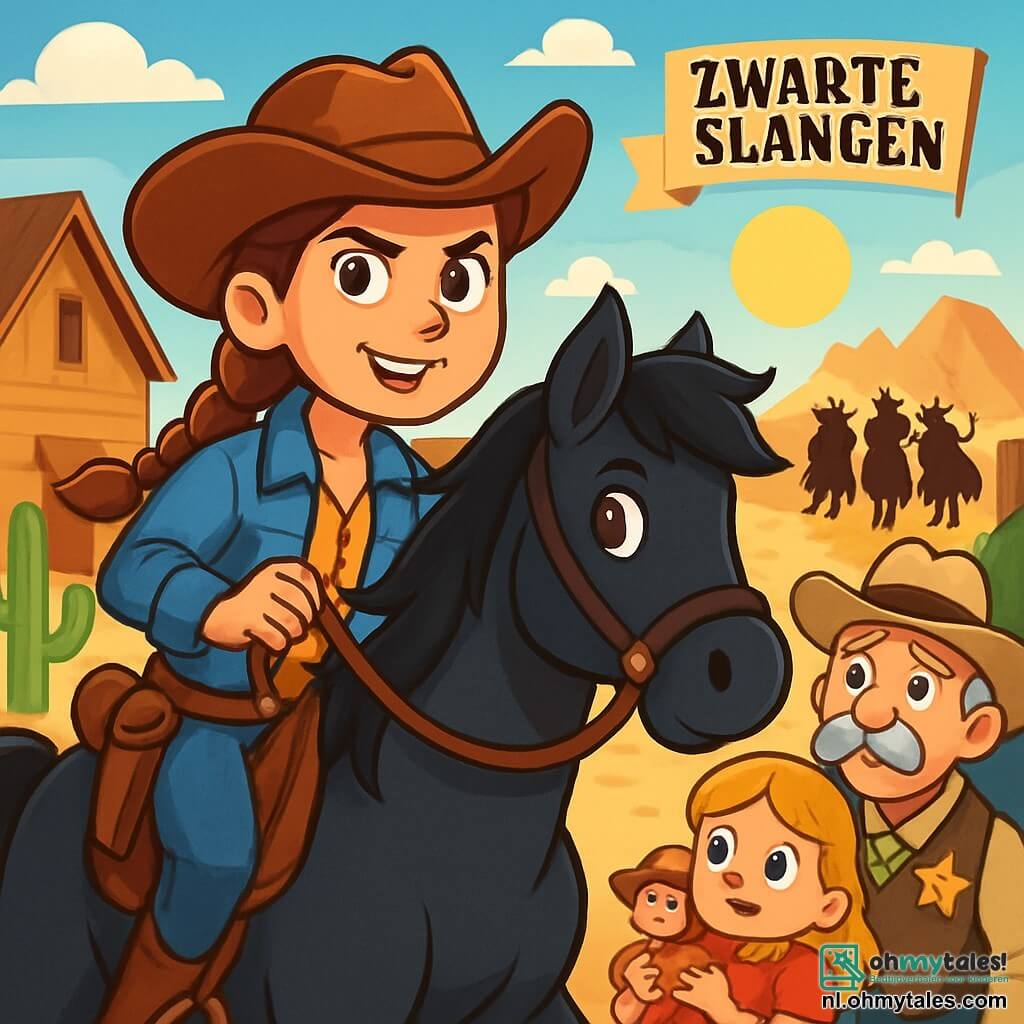 Een dappere cowgirl, Jessie, staat centraal in de afbeelding. Ze heeft bruin haar in een vlecht, draagt een leren cowboyhoed en een denimjack. Haar gezicht straalt vastberadenheid en moed uit, met heldere ogen en een zelfverzekerde glimlach. Ze zit op haar zwarte paard, Bliksem, dat een zijdezachte manen heeft en levendige ogen.

Naast haar staat een groep bezorgde dorpsbewoners op afstand. Onder hen kijkt een oudere man, de sheriff, met een grijze snor en een glanzende badge op zijn borst, bewonderend naar Jessie. Een jong meisje van ongeveer 10 jaar met blond haar en sprankelende ogen houdt een houten pop vast en lijkt angstig, terwijl ze Jessie hoopvol aankijkt.

De achtergrond toont een klein dorp in het Amerikaanse Westen, met houten huizen, cactussen en bergen op de achtergrond onder een stralende blauwe lucht. Stof wordt opgeworpen onder de hoeven van Bliksem, terwijl de zon fel schijnt.

De belangrijkste situatie toont Jessie vastberaden om haar dorp te beschermen tegen de Zwarte Slangen, de bende van dieven, die te paard nadert, wat een sfeer van spanning en avontuur creëert.