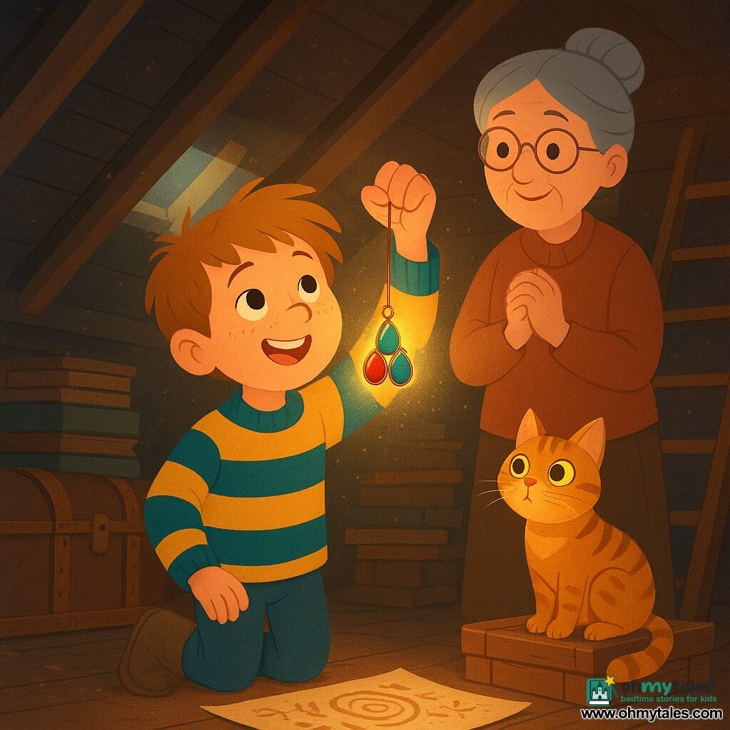 An 8-year-old boy with a round, freckled face and messy light-brown hair hangs a pendant of three blue, red, and green stones on a small wooden hook; behind him on the attic mezzanine his ~65-year-old grandmother with gray hair in a bun and oval glasses smiles softly, hands clasped, watching the pendant's warm light; a tabby cat (Whiskers) sits on a wooden crate beside the boy, eyes bright following the light. The cluttered attic—leather trunks, stacked worn books, a wooden ladder, exposed beams and dust motes in sunbeams—centers on the glowing pendant casting warm light on the boy's face and revealing patterns on a parchment at his feet, creating a magical, reassuring atmosphere with warm contrasting colors and simple textures.
