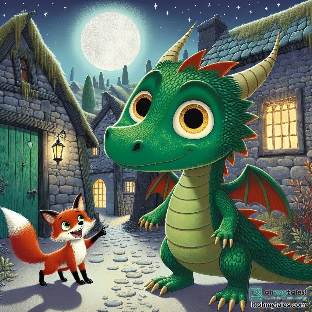 Un piccolo drago dalle squame verdi brillanti e dagli occhi dorati, con un'espressione di curiosità mista ad apprensione, si trova davanti a una vecchia casa con le finestre rotte, le sue ali leggermente ripiegate. Accanto a lui, una giovane volpe dal pelo rosso vivo, con uno sguardo malizioso ed entusiasta, indica la porta della casa, pronta a esplorarla. La scena si svolge in un villaggio misterioso, dove le case sono coperte di muschio e circondate da alberi dalle forme strane, sotto un cielo stellato e una luna brillante che illumina il paesaggio con una luce argentata. Il drago e la volpe si preparano a entrare nella Casa delle Ombre, un luogo pieno di misteri, dove ombre danzano sulle pareti e strani rumori risuonano, mentre cercano di scoprire i segreti nascosti dietro la leggenda dei fantasmi.