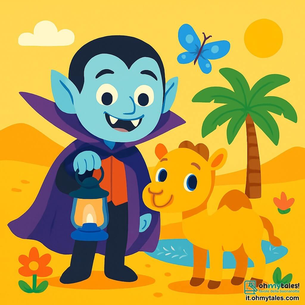 Un vampiro gentile, di nome Vlad, si trova al centro dell'immagine. Indossa un lungo mantello viola, ha denti bianchi e occhi dolci che brillano di empatia. Sorride calorosamente, tenendo una lanterna blu che illumina il suo volto amichevole. Accanto a lui c'è una piccola cammella di nome Mila, con un pelo dorato e occhi rotondi e vivaci, che lo osserva con uno sguardo fiducioso. Mila è vicino a una grande palma magica, dove l'acqua scintilla sotto il sole. Il paesaggio è un deserto dorato, costellato di dune ondulate e oasi nascoste, con fiori colorati che danzano nel vento. La scena trasmette un'atmosfera di magia e amicizia. Vlad e Mila stanno cercando una farfalla azzurra, che vola gioiosamente attorno a loro, illuminando il paesaggio con le sue ali brillanti. L'atmosfera è gioiosa e piena di colori vivaci, evocando un mondo fantastico e accogliente.
