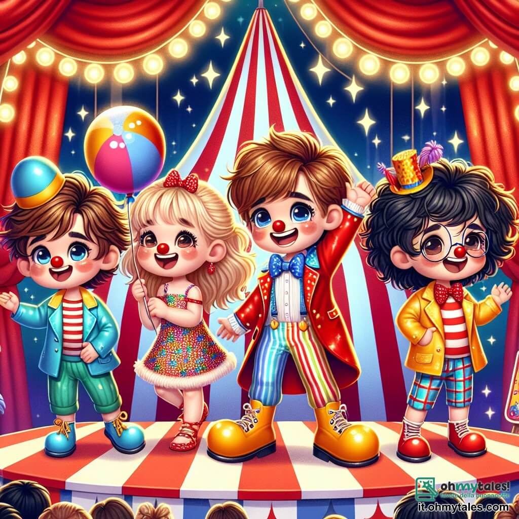 In un circo colorato, quattro bambini si trovano al centro del palco. Marco, un ragazzo di sette anni con capelli castani e un grande sorriso, indossa un mantello rosso brillante e un naso da clown. A destra c'è Lucia, una ragazza con lunghi capelli biondi, che indossa una parrucca blu e un vestito a pois colorati, ridendo mentre tiene un grosso pallone. Enzo, un ragazzo con occhiali rotondi, è a sinistra di Marco, con scarpe da clown troppo grandi che lo fanno inciampare, mentre Gianni, un ragazzo con capelli neri e ricci, scatta una foto con il suo telefono. Sullo sfondo, un adorabile elefante, Bombo, indossa un cappello da clown e si prepara a entrare in scena. La scena cattura i bambini che si divertono a preparare lo spettacolo, circondati da costumi brillanti e risate, creando un'atmosfera festosa e magica.