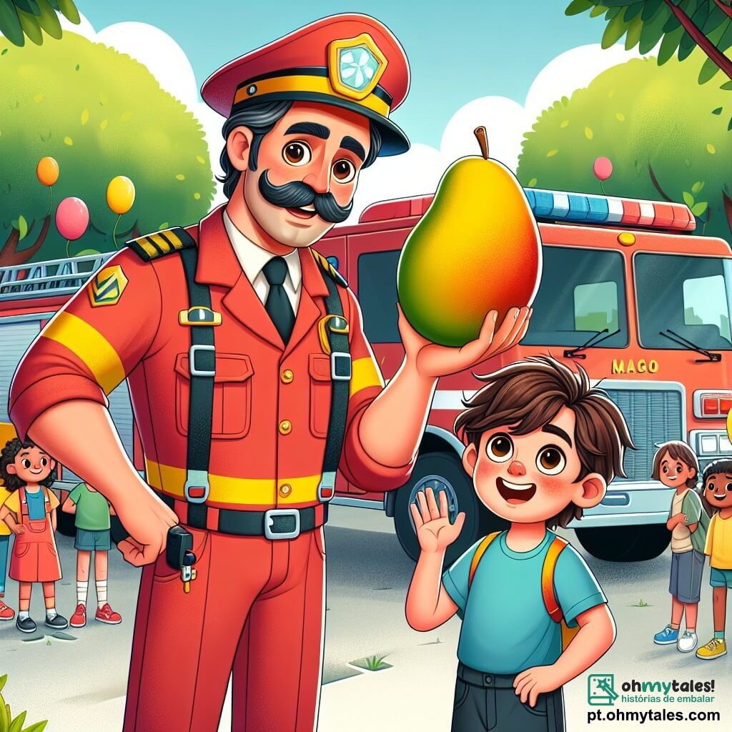 O personagem principal é um homem, o Capitão Miguel, um bombeiro sorridente com um bigode bem aparado e um uniforme vermelho brilhante. Ele está em pé perto de um grande caminhão de bombeiros, segurando uma mangueira na mão, exibindo uma expressão de orgulho e alegria enquanto mostra às crianças como usá-la. Ao lado dele está João, um garoto de cerca de 8 anos, com cabelos castanhos bagunçados e olhos brilhantes de empolgação. Ele usa uma camiseta azul e um short, olhando para Miguel com admiração, pronto para tentar usar a mangueira. Ao fundo, vê-se um pátio escolar ensolarado, com árvores verdes e crianças reunidas em torno do caminhão de bombeiros. Balões coloridos flutuam no ar, adicionando um clima festivo à cena. A situação principal mostra Miguel explicando às crianças como usar a mangueira para apagar um incêndio imaginário, enquanto João, cheio de entusiasmo, se prepara para sua vez, criando uma atmosfera de aprendizado e camaradagem.