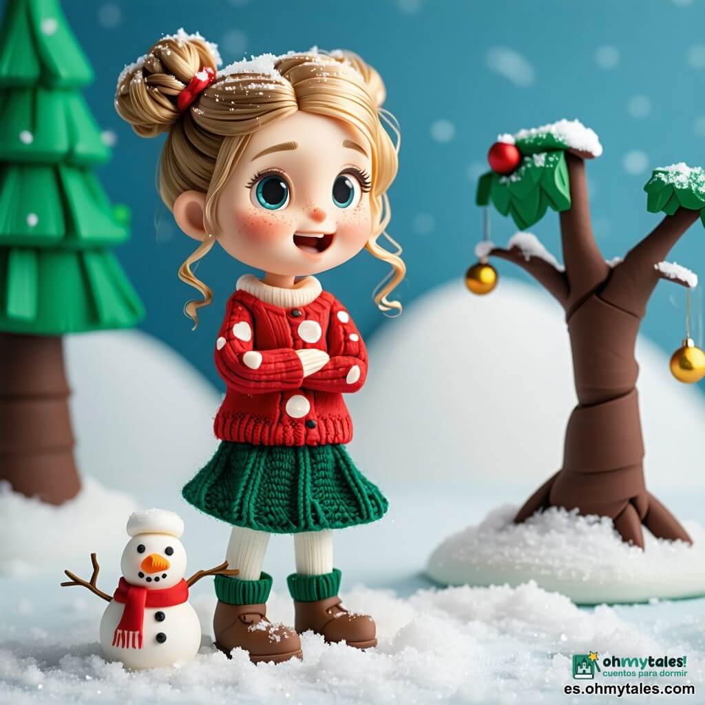 Una niña de 2 años emocionada y sonriente, con grandes ojos azules y cabello rubio rizado, vestida con un suéter rojo de lunares blancos y una falda de lana verde, abraza y ríe suavemente sosteniendo un muñequito de nieve de plastilina; detrás, su madre de unos 30 años, de cabello castaño recogido en moño y con un cárdigan crema, la mira con ternura y las manos juntas junto a un gran árbol de Navidad verde decorado con bolas rojas, estrellas doradas y guirnaldas luminosas; el muñeco de nieve, blanco y regordete, lleva un pequeño sombrero negro de fieltro, nariz de zanahoria y una sonrisa pintada, y la escena ocurre en un acogedor salón navideño de plastilina con alfombra roja, ventana nocturna con copos de nieve y un regalo brillante abierto en el suelo, luz cálida y ambiente tierno y alegre.