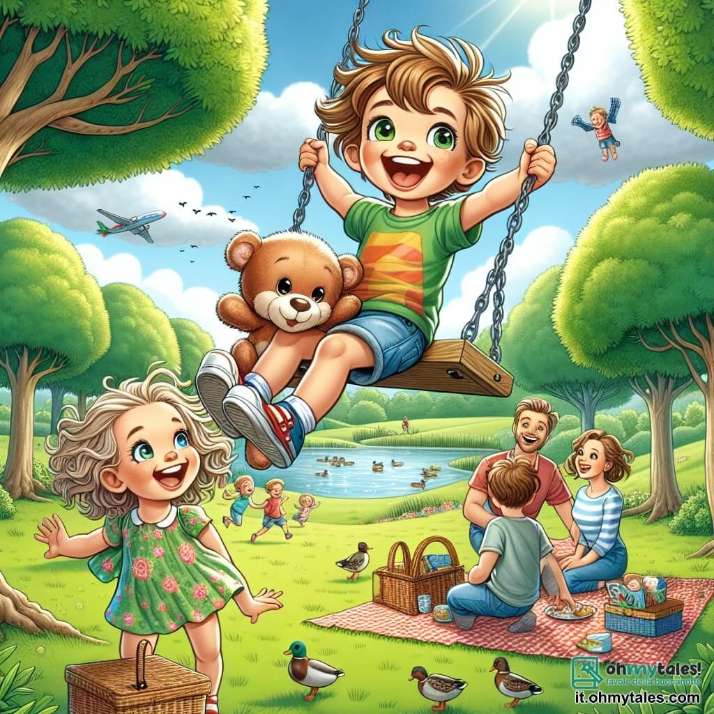 Un ragazzo di 7 anni, Marco, con capelli castano chiaro in disordine e occhi scintillanti di gioia, sta giocando su un grande altalena al parco. Sorride ampiamente, mentre il vento fa svolazzare la sua maglietta colorata e i suoi pantaloni corti di jeans. Accanto a lui, sua sorella Sara, una bambina di 5 anni con capelli ricci e un vestito a fiori, lo guarda con meraviglia tenendo un grande peluche. Sullo sfondo, i loro genitori, un uomo e una donna, sono seduti su una coperta a quadri, circondati da cesti da picnic, ridendo e chiacchierando allegramente. Il parco è verdeggiante, con grandi alberi dalle foglie brillanti, un cielo blu chiaro punteggiato da alcune nuvole bianche e un piccolo lago dove nuotano delle anatre. La scena mostra Marco e Sara che godono di una giornata di sole, piena di risate e avventure, simboleggiando l'inizio delle loro vacanze estive.