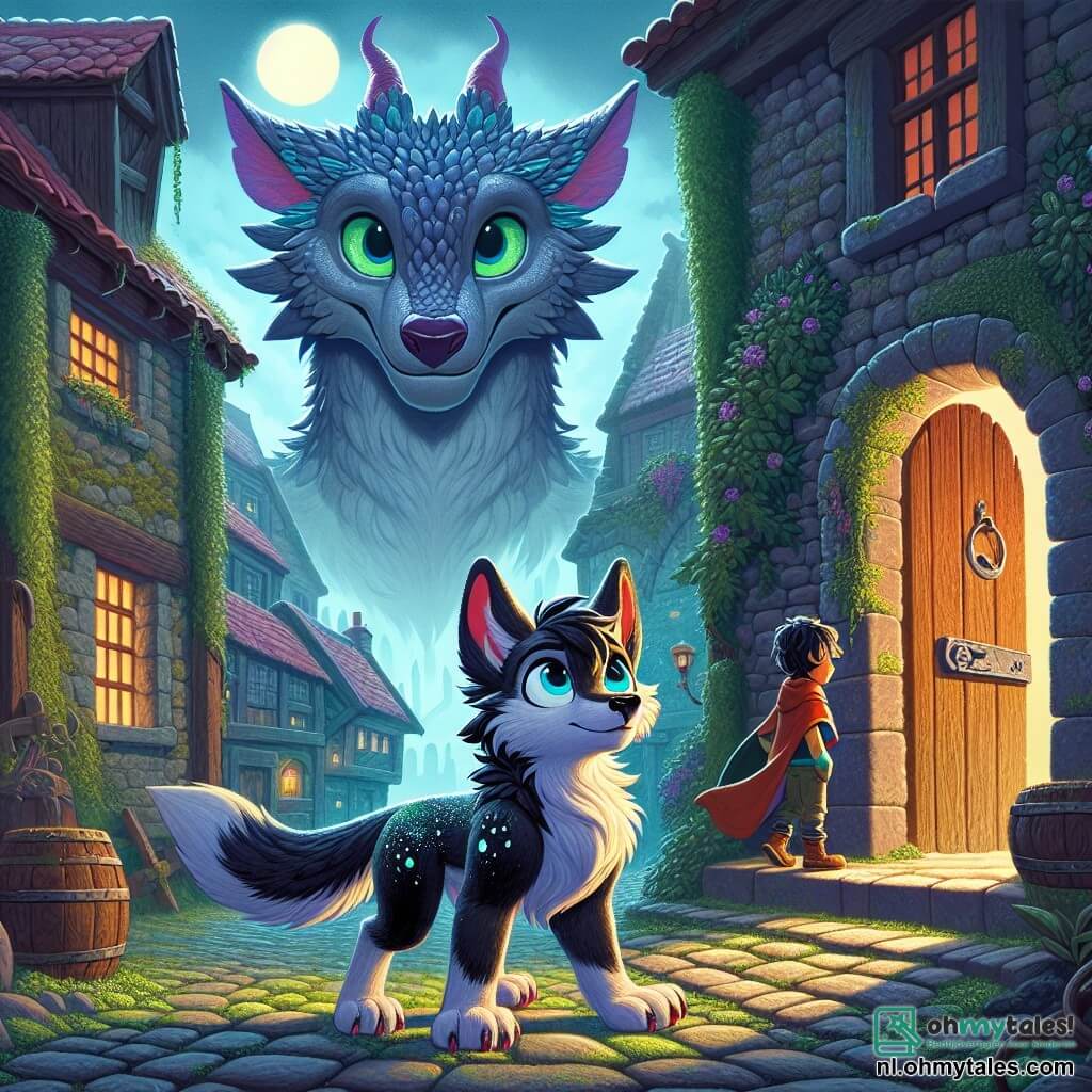 Lupo, een jonge wolf met ogen die stralen als de maan en een vacht die fonkelt als sterren, staat moedig voor een oude houten deur, omringd door klimop, in een mysterieuze stad. Hij toont een voelbare vastberadenheid, klaar om de geheimen achter deze deur te ontdekken. Naast hem zweeft Eldrion, een wijze draak met glinsterende schubben in kostbare kleuren, in de lucht, zijn ogen vol wijsheid en bezorgdheid, terwijl hij Lupo met een ondersteunende uitdrukking observeert. De locatie is een smalle straat in de stad Vespera, waar oude gebouwen met met mos bedekte stenen onder een mistige lucht oprijzen, wat een zowel magische als intrigerende sfeer creëert. De hoofd situatie toont Lupo, met een hart dat bonkt van opwinding, klaar om de mysterieuze deur te openen die hem naar een fantastische avontuur zal leiden, terwijl Eldrion over hem waakt, klaar om hem aan te moedigen in deze zoektocht.