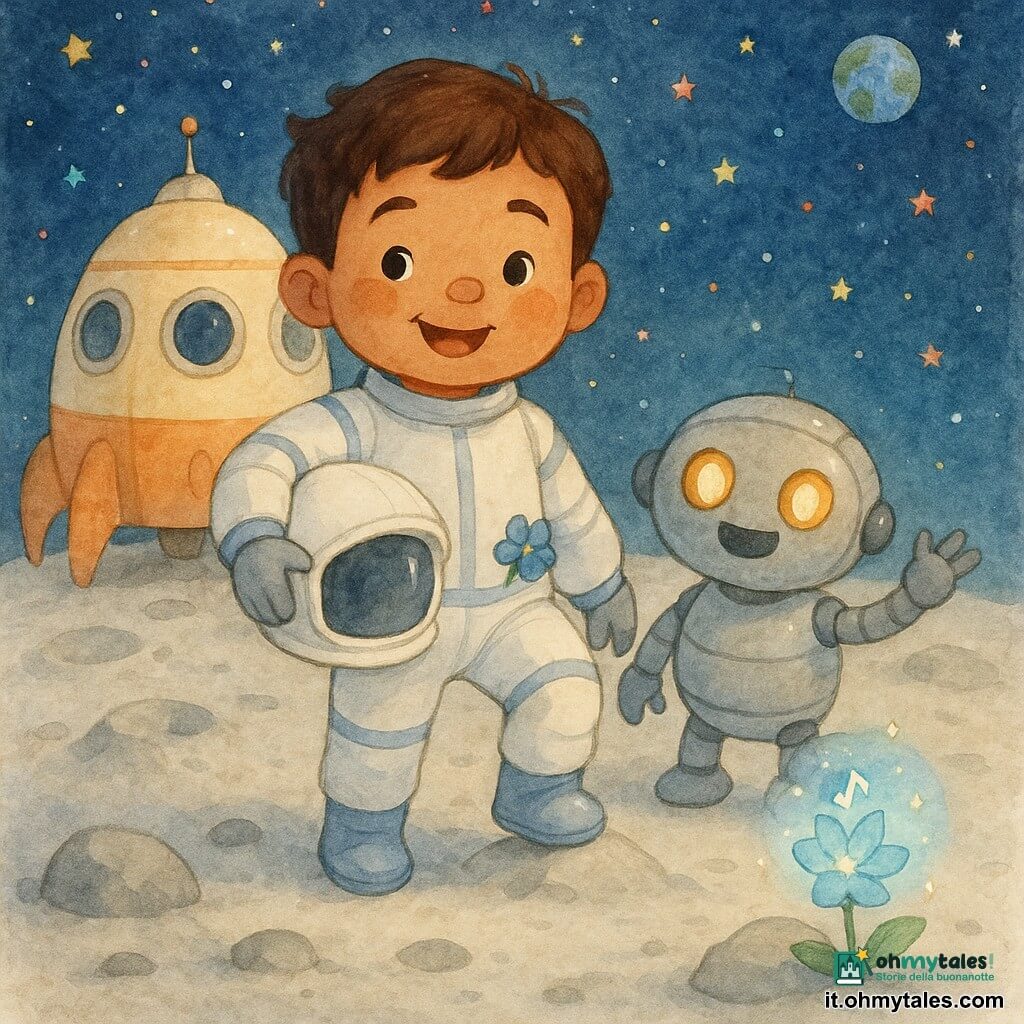 Marco è un bambin o di nome Marco dal volto sorridente e guance rosa che posa un piede su un suolo lunare morbido tenendo un casco bianco sotto il braccio; indossa una tuta spaziale bianca con righe blu, maniche arrotondate e stivaletti soffici, in atteggiamento gioioso e sicuro. Accanto a destra c'è un piccolo robot rotondo dalle dimensioni infantili con scocca argentata e occhi-lampada color ambra che saluta con un braccio; vicino a una roccia bassa cresce un fiore blu dai petali luminosi che sembra cantare con piccole luci. Il luogo è una piccola radura lunare dal suolo polveroso grigio pallido, piccoli crateri e rocce lisce, con una navetta compatta crema e arancione parcheggiata dietro e oblò rotondi lucenti; sullo sfondo un cielo blu notte profondo costellato di stelle multicolori (rosse, verdi, blu) e la Terra tonda e distante, piccola e blu. La scena mostra Marco che scende dalla navetta mettendo dolcemente il piede sulla Luna con un sorriso radioso, casco e fiore blu in tasca e il robot amico al suo fianco, atmosfera calma e rassicurante.