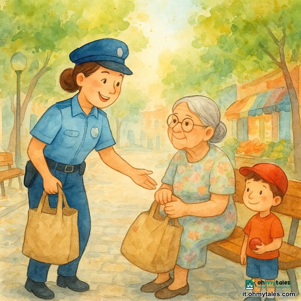 Una poliziotta sorridente e benevola, Marta, volto rotondo, capelli castani raccolti in chignon, uniforme azzurro chiaro con piccolo distintivo argentato, tiene due borse della spesa e tende il braccio per aiutare; una donna anziana, Maria, circa 75 anni, capelli grigi in chignon basso, abito a fiori pastello, occhiali rotondi, seduta su una panchina di legno con una borsa pesante e sguardo riconoscente, leggermente inclinata in avanti; un bambino di circa 6 anni con cappellino rosso e pantaloncini osserva da pochi passi tenendo una pallina e sorride timidamente; strada acciottolata fiancheggiata da alberi verdi, negozi colorati con bancarelle di frutta e lampioni rotondi, panchina sotto un lampione a sinistra; luce dolce del tardo pomeriggio, toni caldi e pastello, ombre morbide; situazione principale: Marta aiuta Maria a portare le borse, gesto di gentilezza, passanti sorridenti, atmosfera sicura e calma.