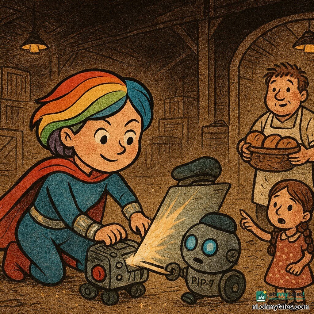 Een jonge superheldin met rond, glimlachend gezicht en kort haar in regenboogkleuren draagt een licht glinsterende halflange cape en een knipperende zilveren armband; ze is geconcentreerd en moedig, geknield bij een vreemd metalen apparaat dat een plakkerige straal uitzendt. Naast haar rolt Pip-7, een klein rond stuurloos robotje van staal met een te grote baret, zenuwachtig en duwt een grote reflecterende plaat om de straal om te leiden; zijn lampogen knipperen blauw. Een bakker van circa 40 jaar met een rond gezicht, bebloemd schort en warrig haar staat bij de ingang van het pakhuis met een mandje warme broodjes en kijkt opgelucht. Een 7-jarig meisje met twee staarten en een stippenjurk wijst naar de vloer die bezaaid is met kleine, sterachtige glinsterdeeltjes. Het ruime, donkere pakhuis heeft versleten houten planken, opgestapelde kisten, gele hanglampen, kabels en een grote kar met een apparaat gemarkeerd “PLAKSTRAAL” en een dikke rode hendel. Het moment toont de straal die door de reflecterende plaat wordt teruggekaatst en in het apparaat vastloopt; de trillende kisten stoppen, kruimelvonken vallen, de sfeer is gespannen maar vrolijk. Grafische stijl: warme kleuren, scherpe contouren, inkttexturen en krantengraan, uitvergrote vriendelijke gelaatsuitdrukkingen, compositie gecentreerd op de superheldin en het robotje.