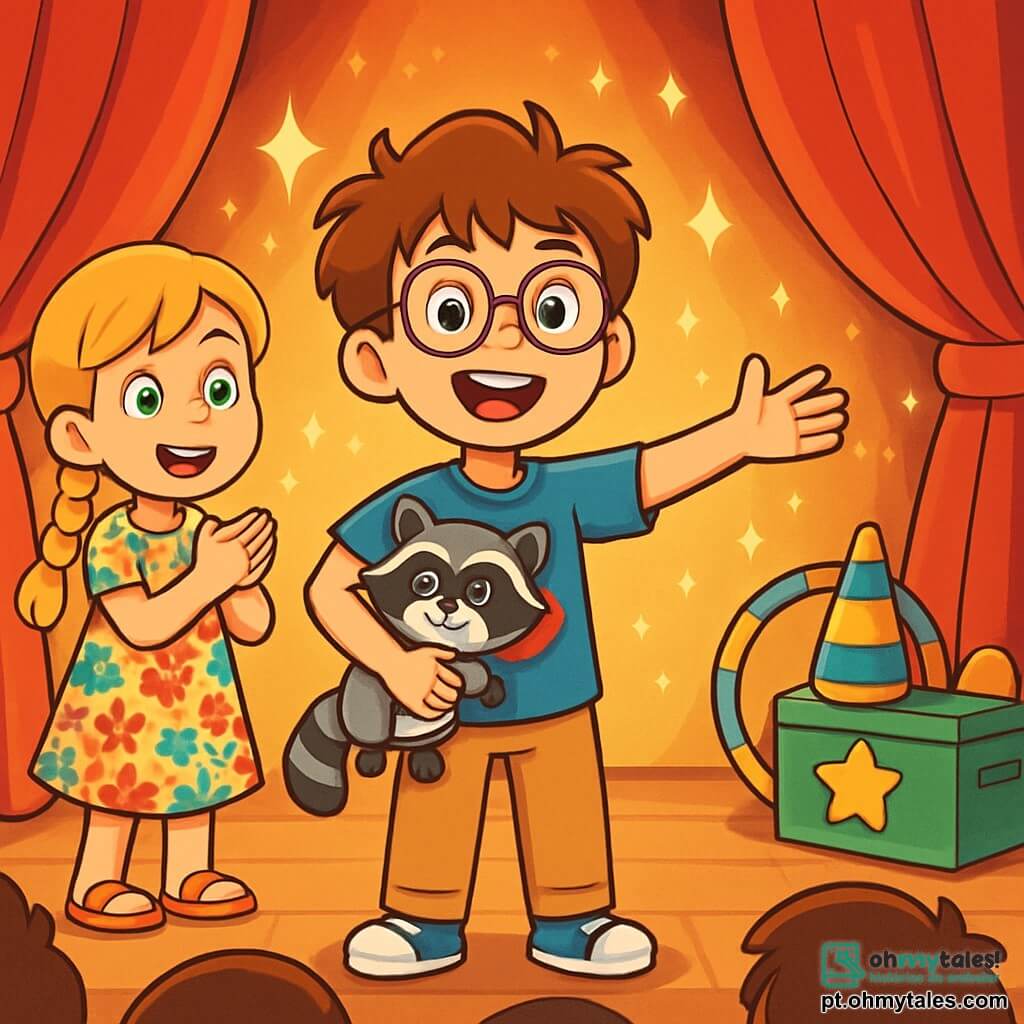 Um menino de 10 anos, Tomás, com cabelo castanho bagunçado e óculos redondos, está no centro do palco, sorrindo radiante e com os olhos brilhando de excitação. Ele veste uma camiseta azul com um desenho de super-herói e calças bege, segurando um pequeno guaxinim de pelúcia nos braços, símbolo de sua imaginação. Ao lado dele, sua melhor amiga Clara, uma menina de 10 anos com cabelo loiro trançado e olhos verdes brilhantes, o incentiva com um grande sorriso. Ela usa um vestido florido e sandálias, pronta para aplaudi-lo. O cenário é de um palco de teatro, com cortinas vermelhas e luzes brilhantes ao fundo. A situação principal mostra Tomás prestes a começar sua apresentação, com os braços abertos, enquanto o público ao fundo está cativado e sorridente, criando uma atmosfera de alegria e incentivo.