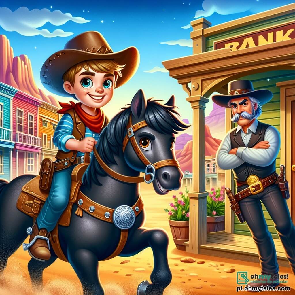 Um jovem, Billy, com cerca de 12 anos, é retratado com um grande sorriso determinado no rosto. Ele usa um chapéu de cowboy desgastado, um colete de couro marrom e botas empoeiradas. Está montado em um cavalo preto chamado Relâmpago, que tem uma crina brilhante e olhos vivos. Billy segura as rédeas com confiança, pronto para a aventura. Ao seu lado está o velho xerife Sam, um homem de cerca de 50 anos, com um bigode grisalho e um chapéu de cowboy largo. Ele parece sério e vigilante, observando os arredores com olhos penetrantes. Sam está perto da porta do velho banco, de braços cruzados, pronto para dar instruções a Billy. O cenário é uma pequena cidade do Oeste, com prédios de madeira de fachadas coloridas, poeira dourada levantada pelo vento e um céu azul brilhante. Ao longe, montanhas majestosas se erguem sob um sol poente. A situação principal mostra Billy, determinado e corajoso, pronto para vigiar o banco e evitar o roubo do tesouro escondido, enquanto o xerife Sam lhe dá conselhos, criando uma atmosfera de tensão e emoção.