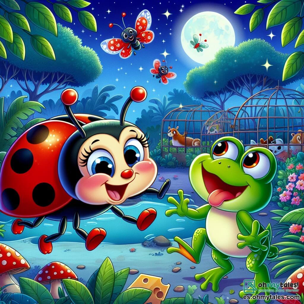 Una pequeña mariquita llamada Pepita, con un caparazón rojo brillante adornado con grandes puntos negros, expresa una gran curiosidad y entusiasmo. Vuela alegremente, sus pequeñas alas translúcidas brillando bajo la luz de la luna. A su lado, un sapo llamado Tito, con piel verde brillante y grandes ojos redondos, salta con una sonrisa traviesa, listo para acompañarla en la aventura. El escenario es un zoológico nocturno, bañado por la suave luz de la luna, con recintos de animales al fondo, árboles frondosos y flores coloridas que añaden un toque mágico a la atmósfera. La escena principal muestra a Pepita y Tito buscando el queso perdido, rodeados de risas y alegría, mientras exploran juntos los rincones del zoológico, llenos de misterio y diversión.
