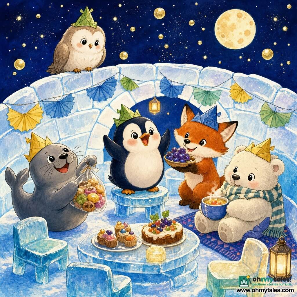Pip, a round, chubby penguin with a delighted smile and rosy cheeks, stands on a small ice stool counting aloud with flippers raised; Momo, a smooth playful gray seal, rolls joyfully to the left holding a bag of colorful buns; Tilly, a shy happy fluffy polar bear, sits on a blanket to the right clutching a striped scarf and a steaming bowl of soup; Nib, a mischievous fluffy red Arctic fox, stands behind Pip offering a bowl of glistening frozen grapes; Oona, a calm cream-feathered owl, perches atop the igloo watching the starry sky; inside the warm rounded translucent-ice igloo are colorful paper garlands, textured snow floor and small ice chairs; above, deep indigo sky sprinkled with falling golden lights and a round moon; the cozy countdown party shows the animals gathered around a small ice podium with smiles, folded-paper party hats, shared treats, vivid colors and thick ink outlines.