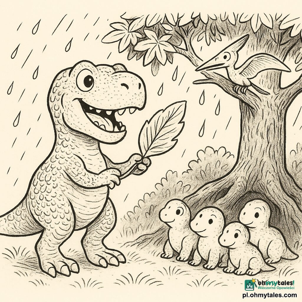 Radosny i dumny Tyranozaur rex o szorstkich łuskach i wyrazistych okrągłych oczach, z lekko rozchylonym uśmiechem, stojący na tylnych łapach i pokazujący błyszczący liść trzymany przednimi łapkami; mały pterodaktyl Flap z cienkimi skrzydłami i delikatnymi piórkami siedzi na gałęzi na wysokości Rexa, podekscytowany i lekko trzepoczący skrzydłami; rodzina Rexa — kilka mniejszych, zaokrąglonych dinozaurów — zebrana pod świecącymi liśćmi, przytulona i patrząca z wdzięcznością; stara leśna polana z falującą trawą, pokręconymi korzeniami i wielkim starym drzewem o grubym pniu pokrytym gwiaździstymi liśćmi, kilka stylizowanych kropli deszczu wokół pokazujących, że drzewo chroni przed pogodą; kompozycja centralna, wyraźne kontury, fakturowane detale kory i piór, ciepła, bezpieczna atmosfera.