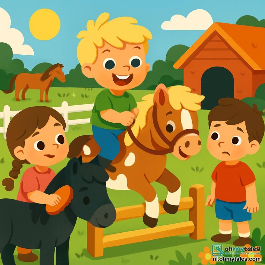 Een 4-jarig jongetje met rommelig blond haar en sprankelende ogen zit op zijn pony, een mooie merrie met een bruin vacht en witte vlekken. Hij glimlacht breed, toont zijn kleine tanden en houdt de teugels stevig vast met opgewonden handen. Naast hem is een 5-jarig meisje met gevlochten kastanjebruin haar en een roze t-shirt, dat haar pony borstelt, een dier met zachte ogen en een zwarte vacht. Ze kijkt Finn aan met een bemoedigende glimlach. Een andere jongen van 4 jaar met bruin haar en een blauwe short staat naast Finn, een beetje nerveus maar vastberaden, klaar om op zijn pony te stappen. De scène speelt zich af in een mooie zonnige stal, omringd door groen, met witte hekken en kleurrijke bloemen die leven aan de omgeving toevoegen. Op de achtergrond zijn er andere paarden die vredig in een groen weiland grazen. De hoofdactie toont Finn, Luna en Sam die zich voorbereiden om over een klein houten obstakel te springen, allemaal geconcentreerd en enthousiast, klaar om samen de uitdaging aan te gaan, met uitdrukkingen van kameraadschap en vastberadenheid op hun gezichten.