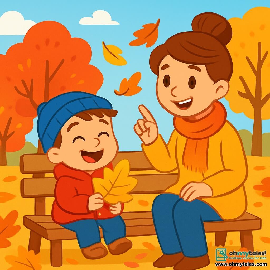 A 2-year-old boy with messy brown hair and a big joyful smile is sitting on a wooden bench in a park. He is wearing a bright red coat and a blue hat, holding a large golden leaf in his small hands. Next to him, his mother, a woman in her thirties with brown hair tied in a bun, smiles tenderly while showing him the leaves falling from the trees. The park is filled with trees with vibrant leaves in shades of red, orange, and yellow, and the ground is covered with a carpet of crunchy leaves. The sky is light blue with a few fluffy white clouds. The main scene shows the little boy amazed by the swirling leaves around him, laughing and having fun, while his mother watches him affectionately, sharing this magical autumn moment together.