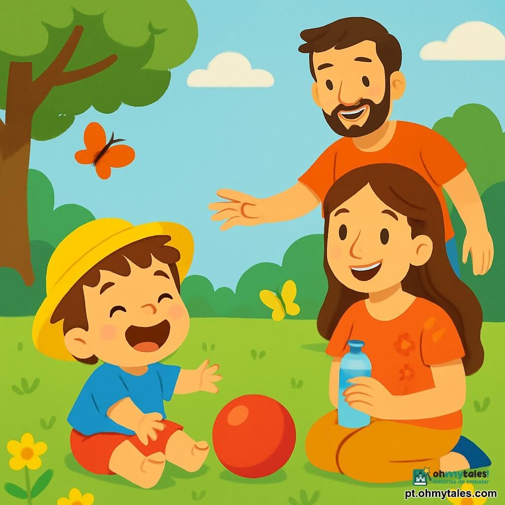 Um menino de 2 anos, chamado Tomás, com cabelos castanhos bagunçados e um grande sorriso alegre, usa um chapéu amarelo vibrante. Ele está sentado na grama verde, descalço, rindo enquanto brinca com uma bola vermelha que rola perto dele. Sua mãe, uma mulher de cerca de 30 anos, com longos cabelos castanhos e uma camiseta florida, está ao seu lado, segurando uma garrafa de água e sorrindo com ternura. Seu pai, um homem de cerca de 32 anos, com uma barba leve e um short azul, está de pé atrás deles, pronto para lançar a bola. O parque é iluminado e ensolarado, cheio de flores amarelas vibrantes e grandes árvores que oferecem sombra. Borboletas coloridas voam ao redor, e pode-se ver um céu azul claro com algumas nuvens brancas fofas. Nesta cena, Tomás se diverte brincando com a bola, cercado por seus pais, aproveitando um lindo dia de verão no parque.