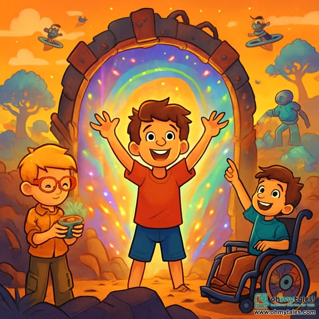 There are 3 characters: - Leo: a 10-year-old boy with messy brown hair and a big smile. He wears a red t-shirt and blue shorts. He stands in the center, arms raised, full of enthusiasm. - Max: a 10-year-old boy with red glasses and blonde hair. He wears a plaid shirt and cargo pants. He stands slightly back on the left, holding a shiny gadget in his hands, looking focused. - Sam: a 10-year-old boy with brown hair and a mischievous smile. He is in a wheelchair decorated with colorful patterns. He is on the right, pointing at the sky with a look of wonder. The main setting is the Land of Technomancy, a fantastical landscape with a bright orange sky, floating islands in the background, and trees with shimmering metallic leaves. Strange creatures fly on hoverboards, and a large robot waters a garden of glowing flowers. The main situation shows the three boys discovering a shimmering portal behind rusty debris, with vibrant colors dancing around them as they prepare to enter a magical world filled with technology and mysteries.
