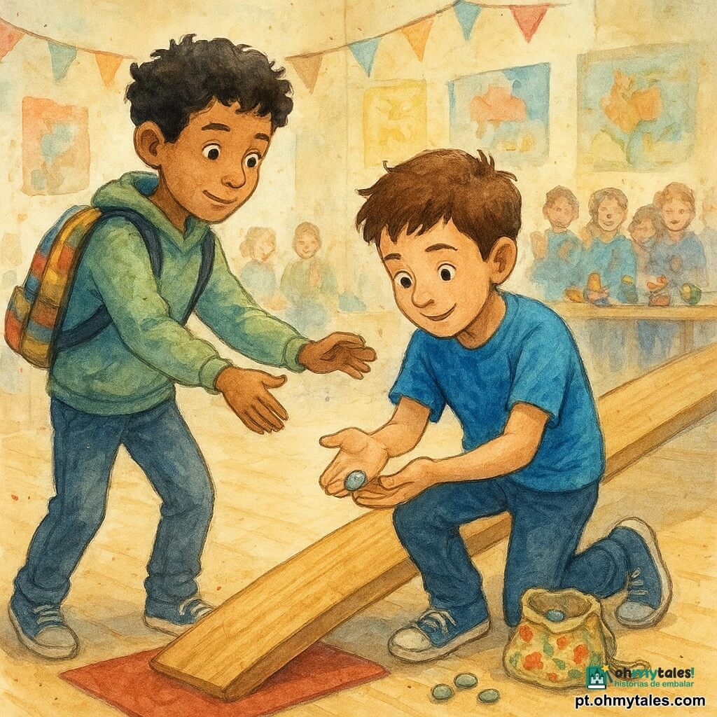 Dois meninos de 11 anos: Miguel, pele clara levemente bronzeada, cabelo castanho curto, camiseta azul viva e tênis gastos, ajoelhado à direita da rampa com as mãos em concha a apanhar uma pequena pedra brilhante, olhar concentrado e leve sorriso; Ravi, pele morena-clara de origem sul-asiática, cabelo preto encaracolado, moletom verde claro e mochila listrada, em pé à esquerda da rampa segurando a mochila para impedir que Miguel caia, expressão atenciosa e orgulhosa. Cena num ginásio escolar iluminado com chão de madeira, cartazes coloridos e mesas com trabalhos manuais; uma rampa de madeira lisa atravessa a cena, ao lado um pequeno tapete vermelho e um saquinho de tecido floral com cinco pedras lisas; outros crianças desfocadas ao fundo observam e aplaudem, clima de festival escolar caloroso.