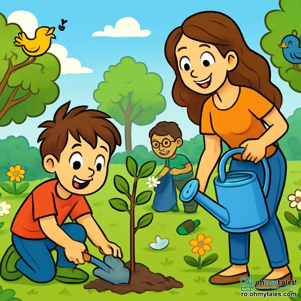 Un băiat de 10 ani, pe nume Matei, cu părul castaniu și ochii plini de curiozitate, plantează un copac tânăr într-un parc însorit. Fața lui radiază de bucurie și mândrie, în timp ce folosește o mică lopată pentru a săpa pământul. Lângă el, mama sa, o femeie de aproximativ 30 de ani cu părul lung și ondulat, zâmbește călduros ținând o udătoare plină cu apă, pregătită să ude noul copac. În fundal, un grup de copii, printre care se află Alex, un băiat de 10 ani cu ochelari și un tricou verde, strâng gunoaie pentru a curăța parc, având expresii hotărâte și entuziaste. Parcul este verde, cu flori colorate, păsări cântând în copaci și un cer albastru strălucitor, creând o atmosferă veselă și captivantă. Scena arată cum Matei și familia sa sunt uniți în misiunea de a proteja natura, ilustrând importanța ecologiei și a muncii în echipă.