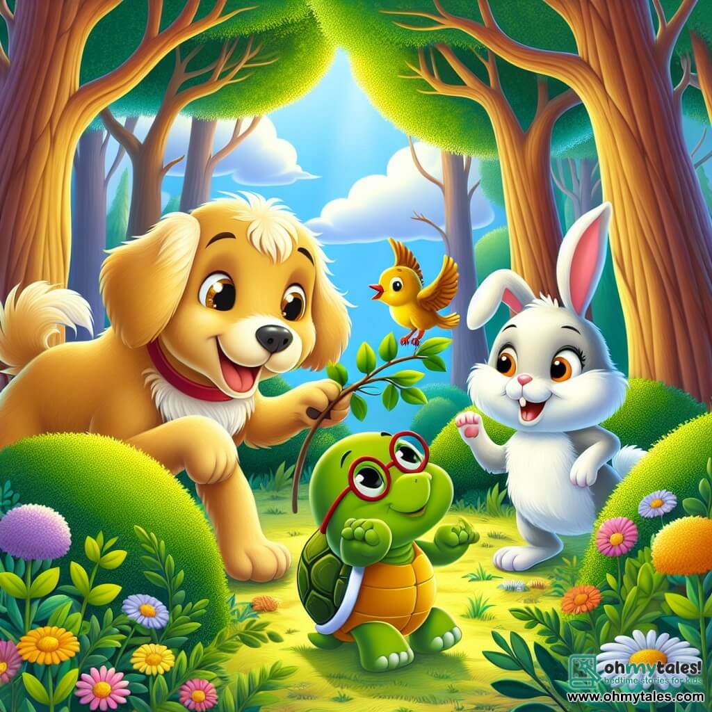 A cheerful dog named Benny, with shiny golden fur and sparkling joyful eyes, stands in the center of the image, tail wagging, ready to help a little bird trapped in a bush. To his right, an adorable bunny named Bella, with large ears and fluffy white fur, looks on with concern, ready to jump in to help. On the left, an old turtle named Timmy, with a green shell and round glasses, calmly observes the scene, a slight smile on his face. The setting is an enchanted forest, where majestic trees with thick trunks rise, their bright green leaves filtering sunlight and creating dancing shadows on the ground. Colorful flowers dot the ground, adding a touch of magic to the environment. The main situation shows Benny, determined and brave, gently pushing aside the branches of the bush to free the singing little bird, while his friends cheer him on enthusiastically.