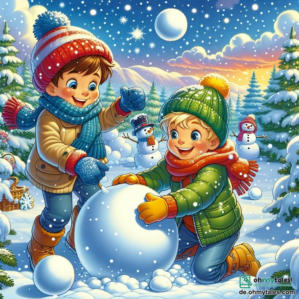 Zwei Jungen, Max und Leo, stehen im Mittelpunkt der Szene. Max, 8 Jahre alt, hat braune Haare und trägt eine rote Mütze sowie einen blauen Schal. Er rollt einen großen Schneeball für den Körper des Schneemann. Leo, ebenfalls 8 Jahre alt, hat blonde Haare und trägt eine grüne Jacke mit gelben Handschuhen. Er lacht, während er einen kleinen Schneemann in Richtung Max wirft. Die Szenerie zeigt eine zauberhafte Winterlandschaft mit sanft fallenden Schneeflocken vom blauen Himmel. Im Hintergrund stehen grüne Tannen, die mit Schnee bedeckt sind, und der Boden ist mit einer dicken Schicht funkelnden Schnees bedeckt. Die Hauptsituation zeigt Max und Leo in Aktion, wie sie einen Schneemann bauen und sich bei einer Schneeballschlacht vergnügen. Ihre Gesichter strahlen Freude und Aufregung aus und fangen den verspielten Geist des Winters ein.