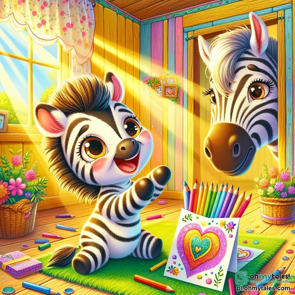 Wesoły mały zebra o imieniu Zuzu, z czarno-białym paskowanym futrem, błyszczącymi oczami szczęścia i szerokim uśmiechem, tworzy kolorową kartkę dla swojej mamy. Siedzi na jaskrawozielonym dywanie, otoczony jasnymi kredkami i błyszczącymi cekinami. Jego mama, łagodna zebra o ciepłych oczach i jedwabistym futrze, stoi w wejściu do pokoju z otwartymi ramionami i promiennym wyrazem miłości i zaskoczenia, patrząc z czułością na swojego małego zebryka. Scena rozgrywa się w urokliwym drewnianym domku, z pastelowo żółtymi ścianami i oknami ozdobionymi kwiecistymi firankami. Promienie słońca wpadają przez okna, oświetlając pokój złotym światłem i tworząc ciepłą, radosną atmosferę. Zuzu, pełen entuzjazmu, odsłania swoją niespodziankę mamie, dumnie trzymając kartkę ozdobioną błyszczącym dzwoneczkiem, podczas gdy wzruszona mama zebra zbliża się, aby podziwiać prezent stworzony z miłością.