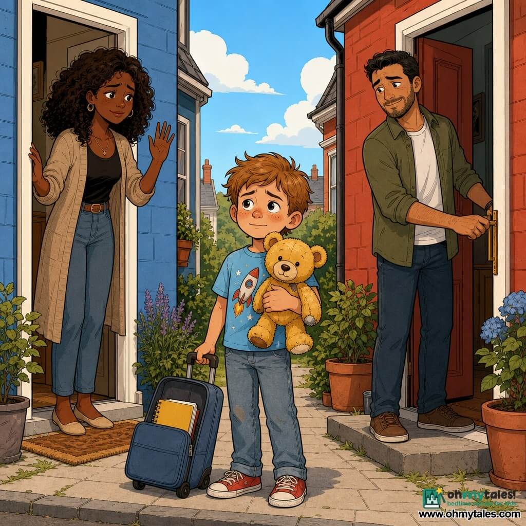 An 8‑year‑old boy with a round, freckled face and messy light brown hair, looking slightly sad but brave, holds a worn yellow teddy to his chest; he wears a light blue rocket T‑shirt, faded jeans and red sneakers, and stands beside an open small rolling suitcase with a yellow notebook peeking out. A woman (mother), about 35, with curly brown hair and a gentle, moved expression, waves from the doorway to the left; a man (father), about 37, with short hair, light beard and an encouraging smile but tense eyes, stands on the porch to the right with a hand on the red house door handle. The scene is on the doorstep between a blue facade (left) and a red facade (right) with a small sidewalk, potted plants, a welcome mat and a clear sky with a few drawn clouds; the composition centers on the boy and his teddy, conveying a calm, affectionate goodbye with warm colors and clear lines.