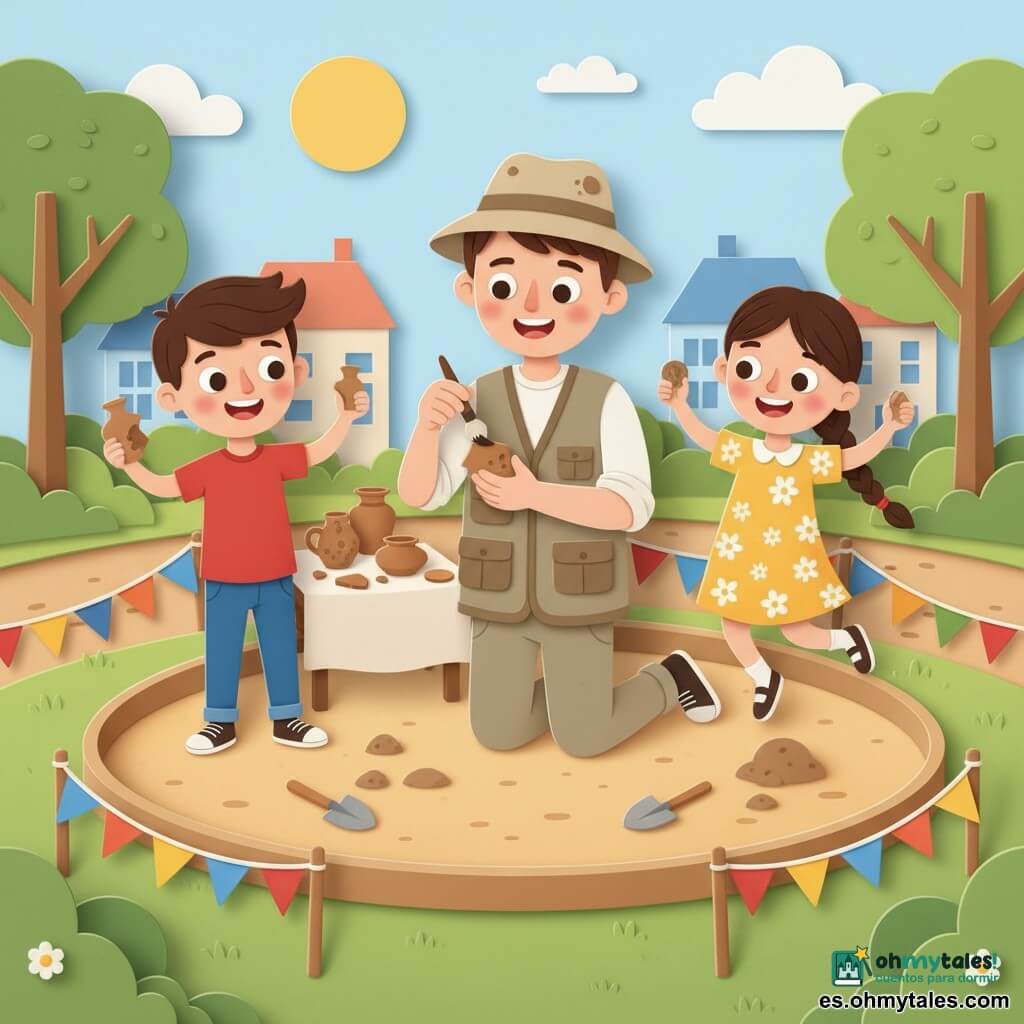 Un arqueólogo sonriente y amable, cabello castaño corto, sombrero beige gastado y chaleco caqui con bolsillos, de rodillas limpiando con un pincel una pequeña pieza de cerámica; a su izquierda Leo, niño de unos 8 años, cabello castaño corto, camiseta roja y vaqueros, sostiene orgulloso un fragmento de cerámica; a su derecha Ana, niña de unos 8 años con larga trenza oscura y vestido amarillo con flores, sostiene una moneda cubierta de tierra y salta de emoción; escenario: parque soleado con círculo de tierra rodeado de banderolas, mesa de madera con objetos sobre un paño y herramientas dispersas, árboles y casas al fondo; escena alegre y curiosa que destaca el hallazgo de objetos antiguos, colores cálidos, formas simples, texturas tipo papel recortado, contornos definidos y sombras suaves.
