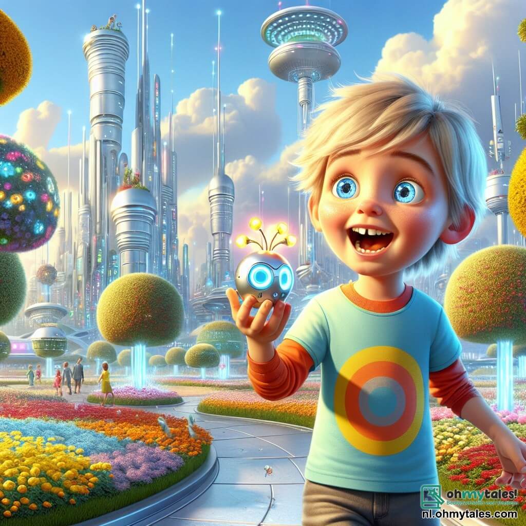 Een 5-jarig jongetje, genaamd Finn, met rommelig blond haar en nieuwsgierige sprankelende ogen, staat aan de rand van een futuristisch park met een grote glimlach op zijn gezicht. Hij draagt een kleurrijk t-shirt en een short, terwijl hij in zijn hand een klein glinsterend apparaatje, Glimmie, vasthoudt dat straalt van felle lichten. Naast hem zweeft Glimmie, een klein rond apparaat met antennes en knipperende lichten, vrolijk in de lucht en maakt vrolijke en kleurrijke geluiden. De locatie is een futuristisch park in de stad Luchtglans, vol met stralende bloemen en grote bomen met zilveren stammen, onder een heldere blauwe lucht met donzige wolken. Moderne, glanzende gebouwen staan op de achtergrond, met façades die het zonlicht reflecteren. De belangrijkste situatie toont Finn en Glimmie die een geheim pad achter de struiken ontdekken, klaar om op avontuur te gaan om de bloemen van het park te redden door het water van de bron te herstellen.