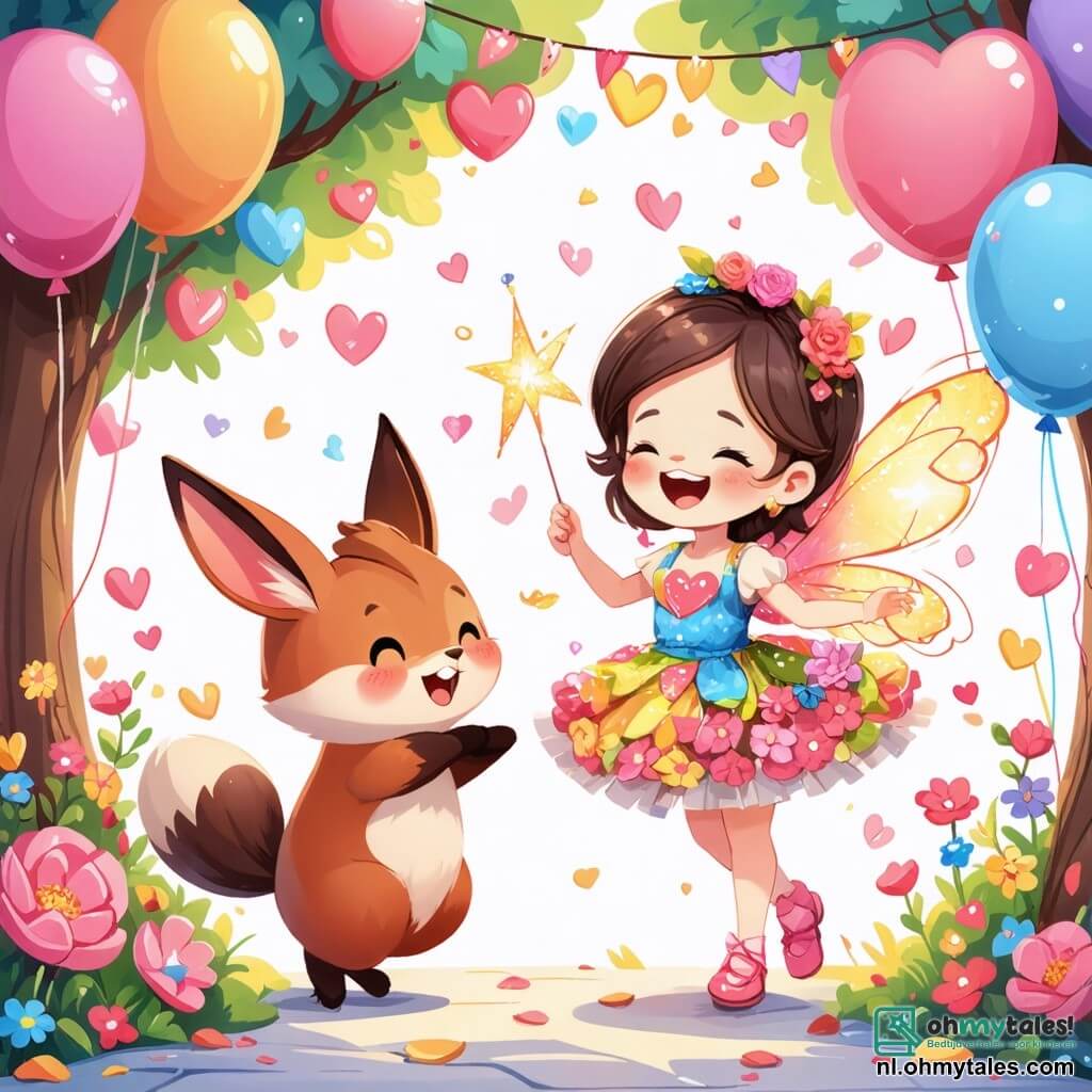 Een schattig klein figuurtje, een jong dier met grote oren en zachte vacht, danst vrolijk midden in een Valentijnsfeest. Hij heeft heldere ogen en een grote glimlach, omringd door kleurrijke bloemen en hartvormige slingers. Naast hem staat een kleine fee met glinsterende vleugels, gekleed in een jurk van bloemblaadjes, die lacht terwijl ze een toverstokje zwaait. Ze heeft sprankelende ogen en een stralende glimlach, en ze laat sterren om hen heen schitteren. De achtergrond is een charmante open plek, vol met stralende bloemen en kleurrijke ballonnen die in de lucht zweven. Papieren harten hangen aan de bomen, en er ligt een grote tafelkleed op de grond, vol met heerlijke taarten en lekkernijen. De scène toont het blije moment waarop vrienden samenkomen om vriendschap en liefde te vieren, in een feestelijke en warme sfeer, met gelach en muziek in de lucht.