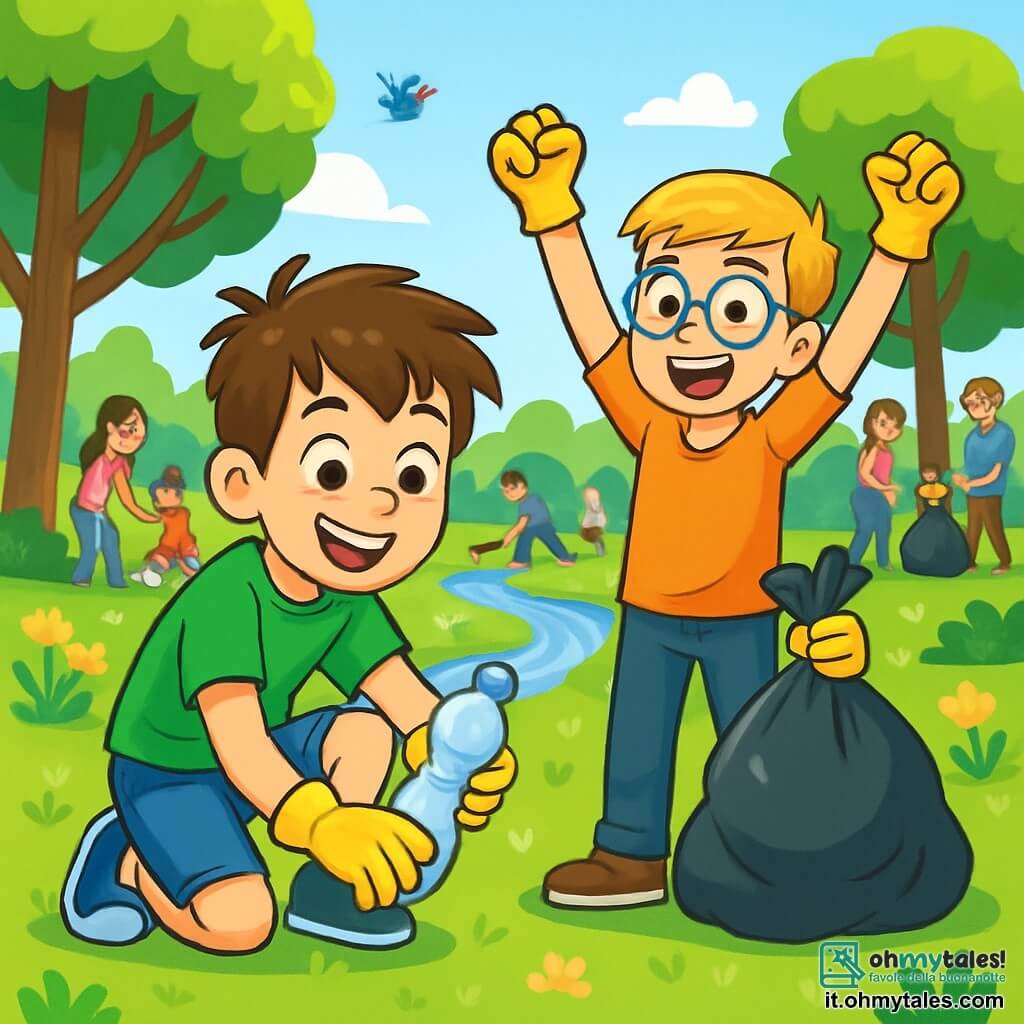 Un ragazzo di 12 anni, Marco, con i capelli castani disordinati e gli occhi pieni di curiosità, è accovacciato in un parco verdeggiante, con un grande sorriso sul volto, mentre tiene una bottiglia di plastica appena raccolta. Indossa una maglietta verde brillante e un pantaloncino di jeans, con guanti da giardinaggio gialli che contrastano con il suo entusiasmo. Accanto a lui, il suo amico Luca, anch'egli di 12 anni, con capelli biondi e occhiali, lo incoraggia alzando le braccia, mentre tiene un sacchetto della spazzatura pieno di rifiuti. Il parco è luminoso, pieno di alberi maestosi con foglie verdi, fiori colorati e un ruscello scintillante che serpeggia tra l'erba. Gli uccelli cantano tra i rami, aggiungendo vita a questa scena di pulizia. Marco e Luca partecipano a una grande giornata di pulizia, circondati dalle risate di bambini e famiglie impegnate a raccogliere rifiuti, creando un'atmosfera gioiosa e impegnata per la protezione della natura.