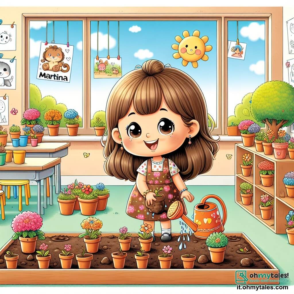 Una bambina di 6 anni, di nome Martina, si trova al centro dell'immagine, con un grande sorriso sul volto. Ha lunghi capelli castani, occhi brillanti e indossa un vestito colorato con motivi floreali. Martina sta piantando semi in un piccolo giardino in classe, circondata da terra e piccoli vasi di terracotta. Accanto a lei, l'insegnante Anna, una donna di circa 30 anni con capelli castani raccolti in uno chignon e occhiali rotondi, sorride incoraggiando i bambini. Indossa una camicia colorata e tiene un annaffiatoio, pronta ad annaffiare le piante. L'ambientazione è un'aula luminosa, con grandi finestre che lasciano entrare il sole, muri decorati con disegni di animali e fiori, e un angolo giardino pieno di vasi di fiori colorati. La scena principale mostra Martina e i suoi compagni di classe mentre creano un giardino primaverile, riempiendo la stanza di gioia ed entusiasmo, mentre scoprono la bellezza della natura e l'importanza delle piante.