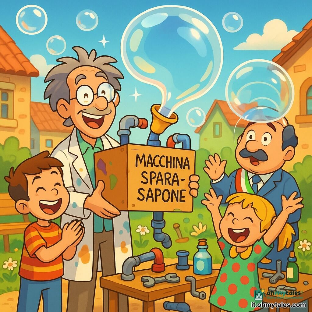 Un inventore di circa cinquant’anni, capelli grigi scompigliati e occhiali tondi, volto sorridente, indossa una camicia da lavoro macchiata di vernice e tiene orgoglioso una grande scatola trasformata nella Macchina Spara-Sapone; a sinistra un ragazzo di circa 10 anni, capelli castani corti e maglietta a righe, applaude guardando le bolle giganti, a destra una bambina di circa 9 anni, capelli biondi raccolti in codini e vestito a pois, ride con le mani alzate vicino a un tavolo pieno di attrezzi; il sindaco, uomo di circa 60 anni con completo azzurro e baffo rotondo, è leggermente sotto una bolla trasparente sulla testa, sorpreso ma divertito; lo sfondo è un piccolo villaggio colorato al sole con case in pietra e tetti rossi, un giardino fiorito con margherite e una panchina di legno, e attrezzi, tubi e bottiglie di sapone sparsi; scena principale: una enorme bolla di sapone trasparente esce dalla scatola riflettendo il cielo azzurro e le case con riflessi scintillanti, atmosfera gioiosa e un po' bizzarra.